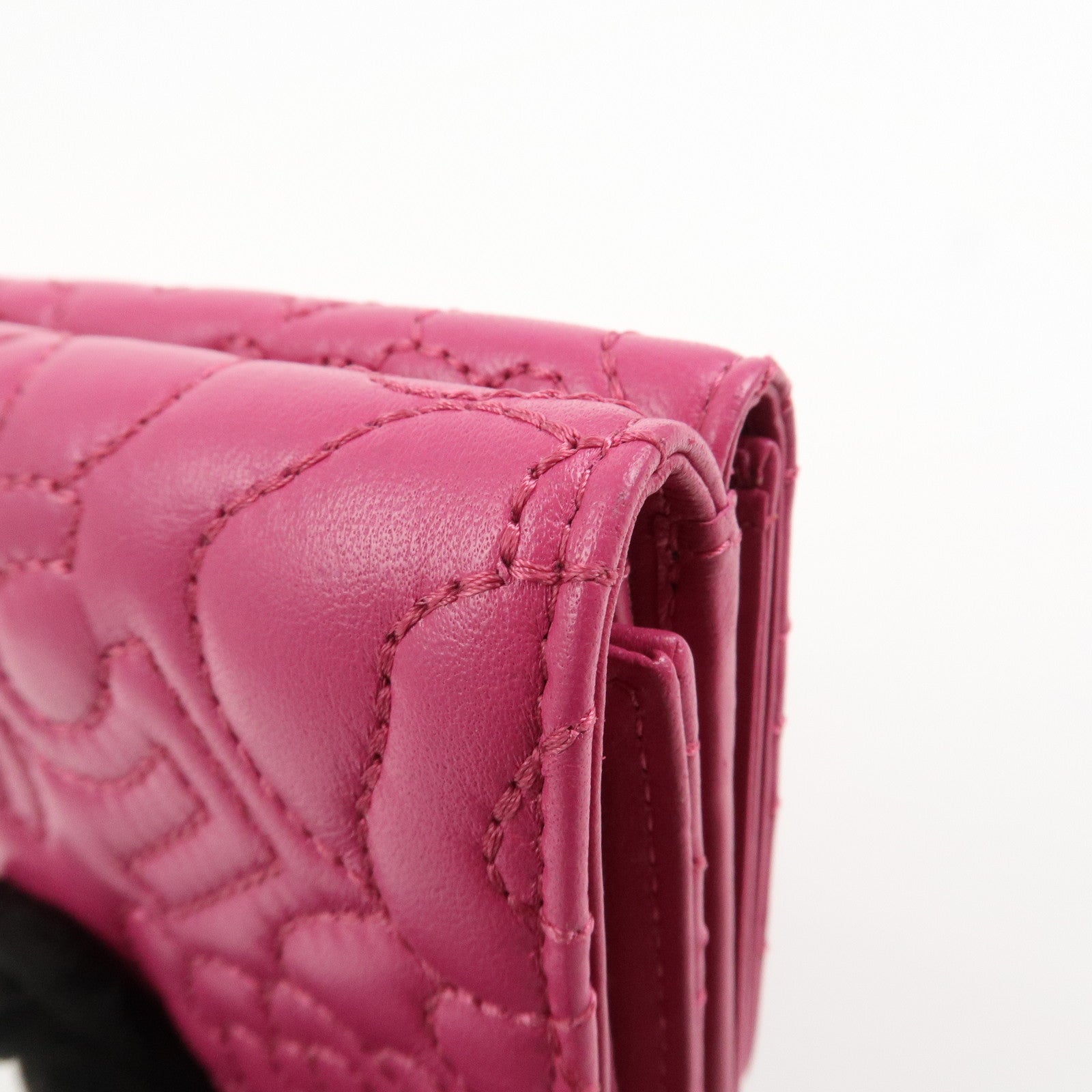 CHANEL COCO Mark Lamb Skin Tri-fold Compact Wallet Pink