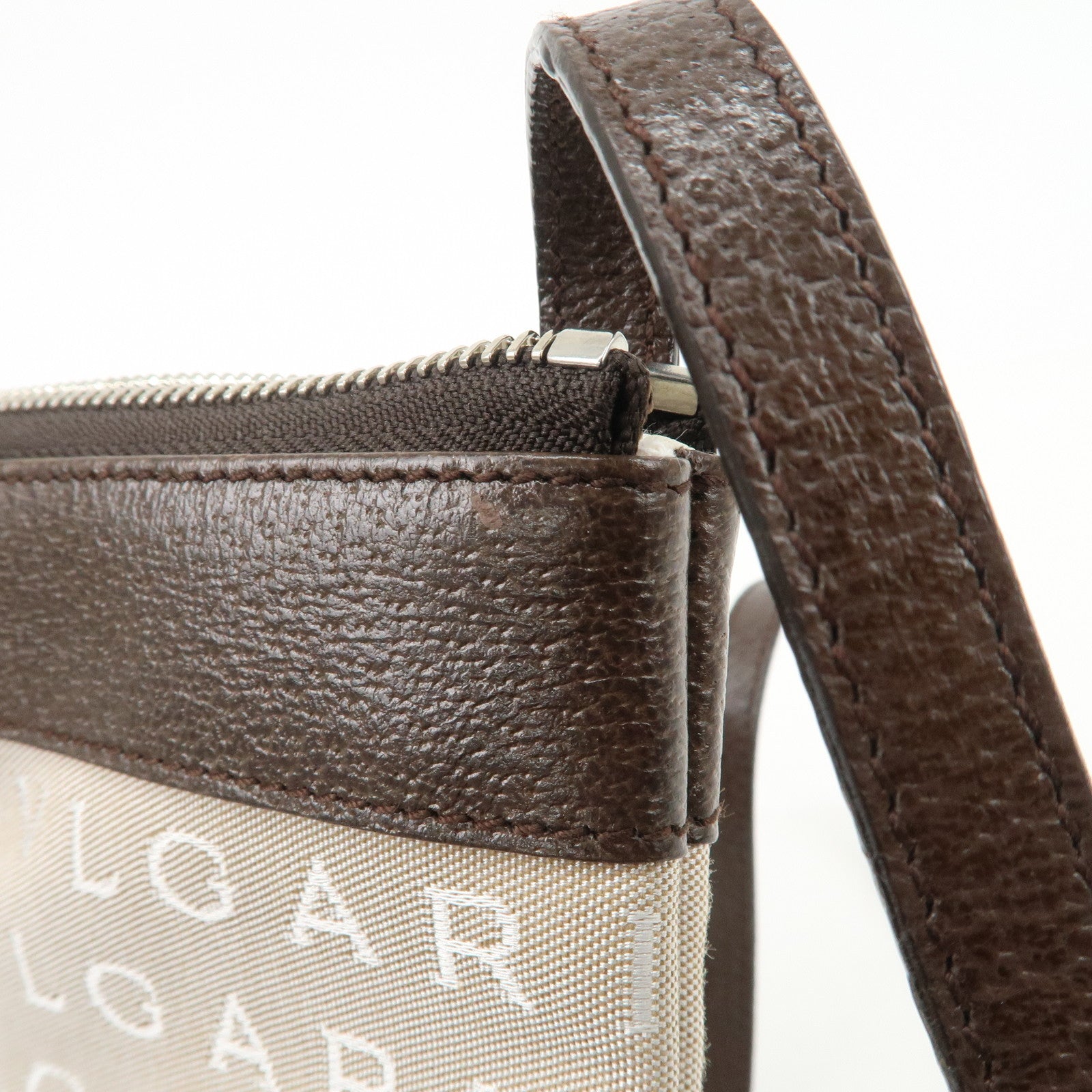 BVLGARI Logo Mania Canvas Leather Shoulder Bag Beige Dark Brown