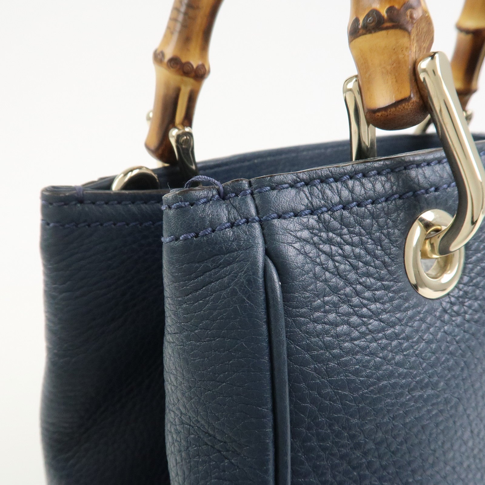 GUCCI Bamboo Shopper Small Leather 2Way Hand Bag Navy 336032