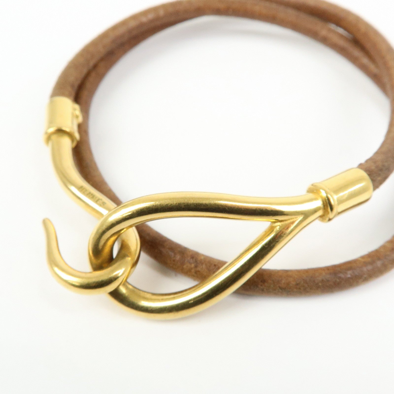 HERMES Jumbo Choker Leather Metal Bracelet Gold Brown