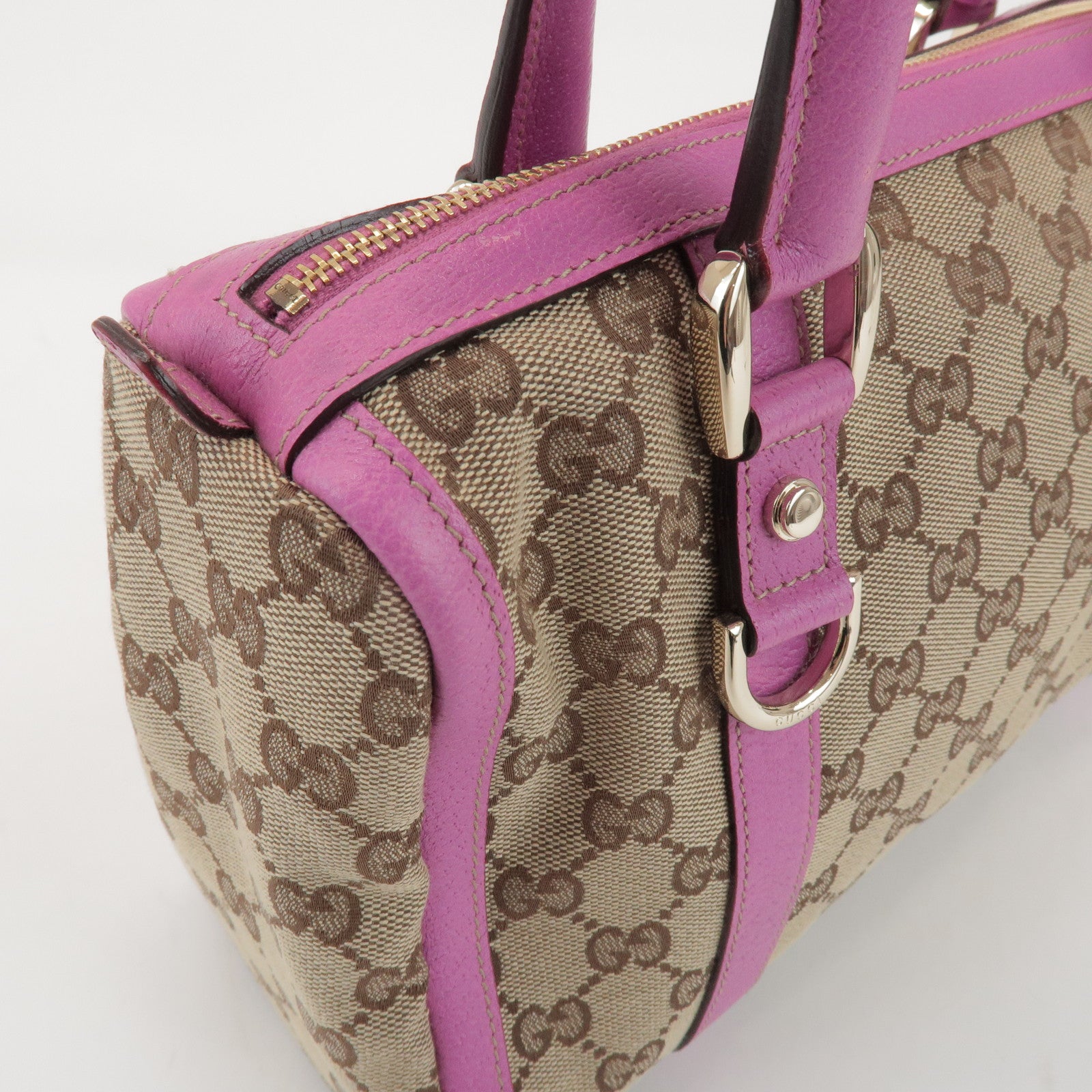 GUCCI Abbey GG Canvas Leather Mini Boston Bag Beige Fuchsia 130942