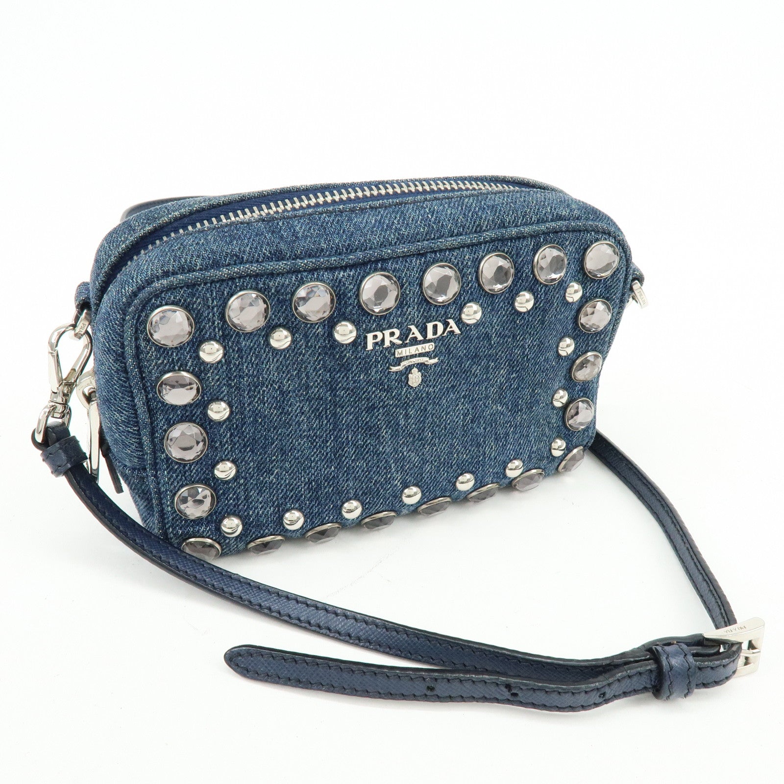 PRADA Logo Denim Shoulder Bag Crossbody Bag Rhinestone Blue