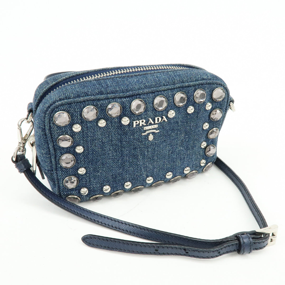 PRADA Logo Denim Shoulder Bag Crossbody Bag Rhinestone Blue