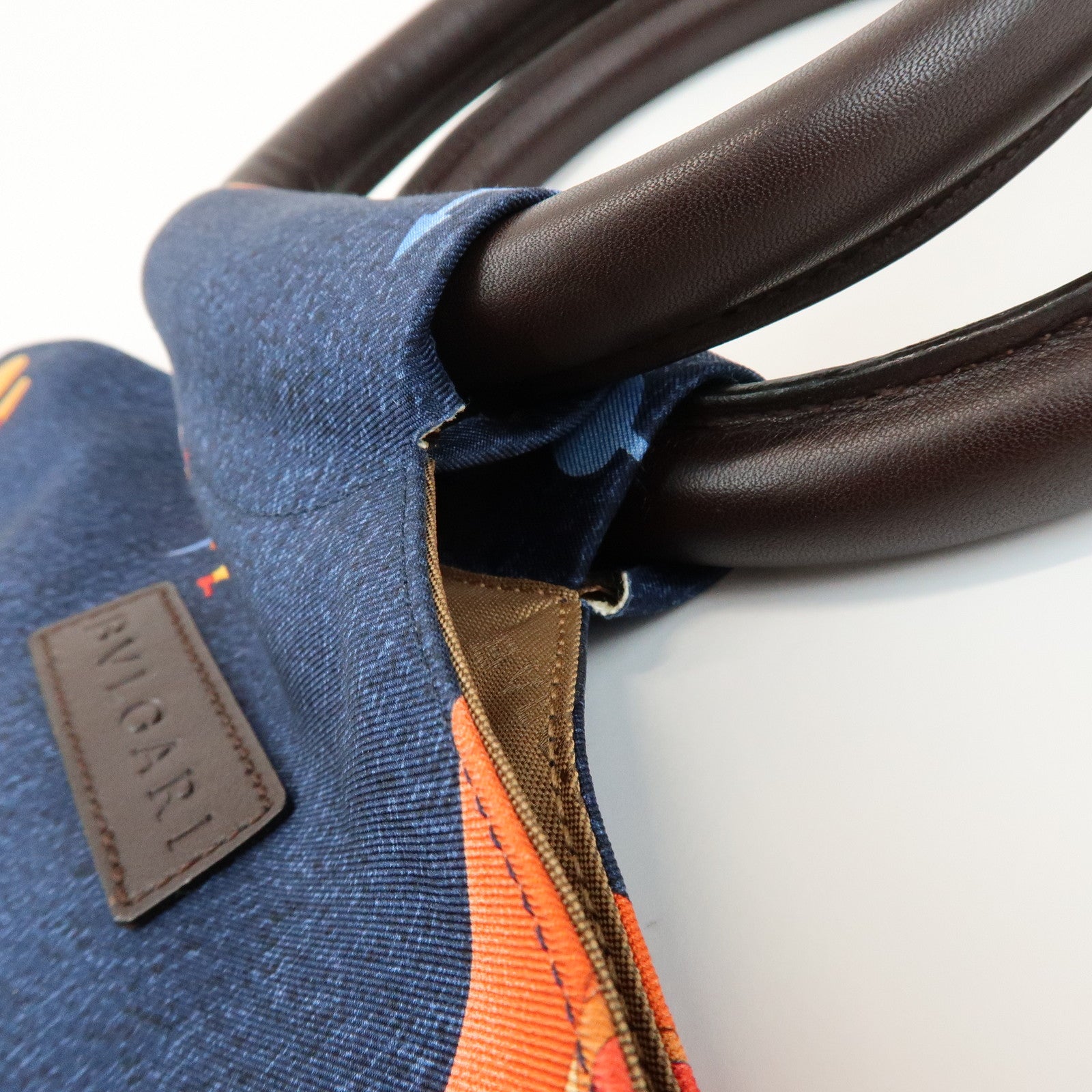 BVLGARI Logo Canvas Leather Hand Bag Navy