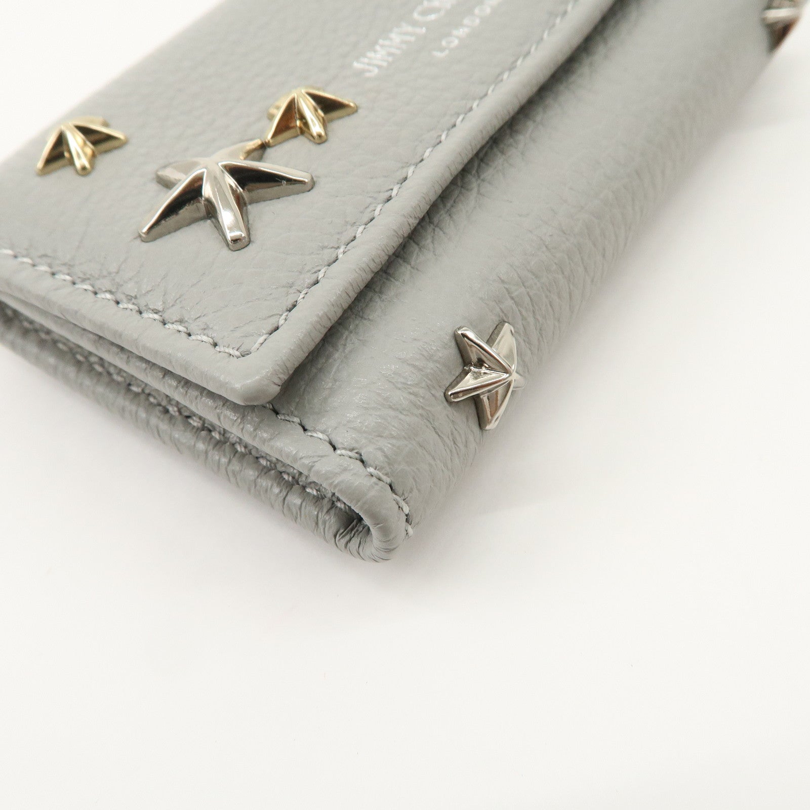 JIMMY CHOO Neptune Leather Studs Key Case Gray Silver Gold 101953 Used