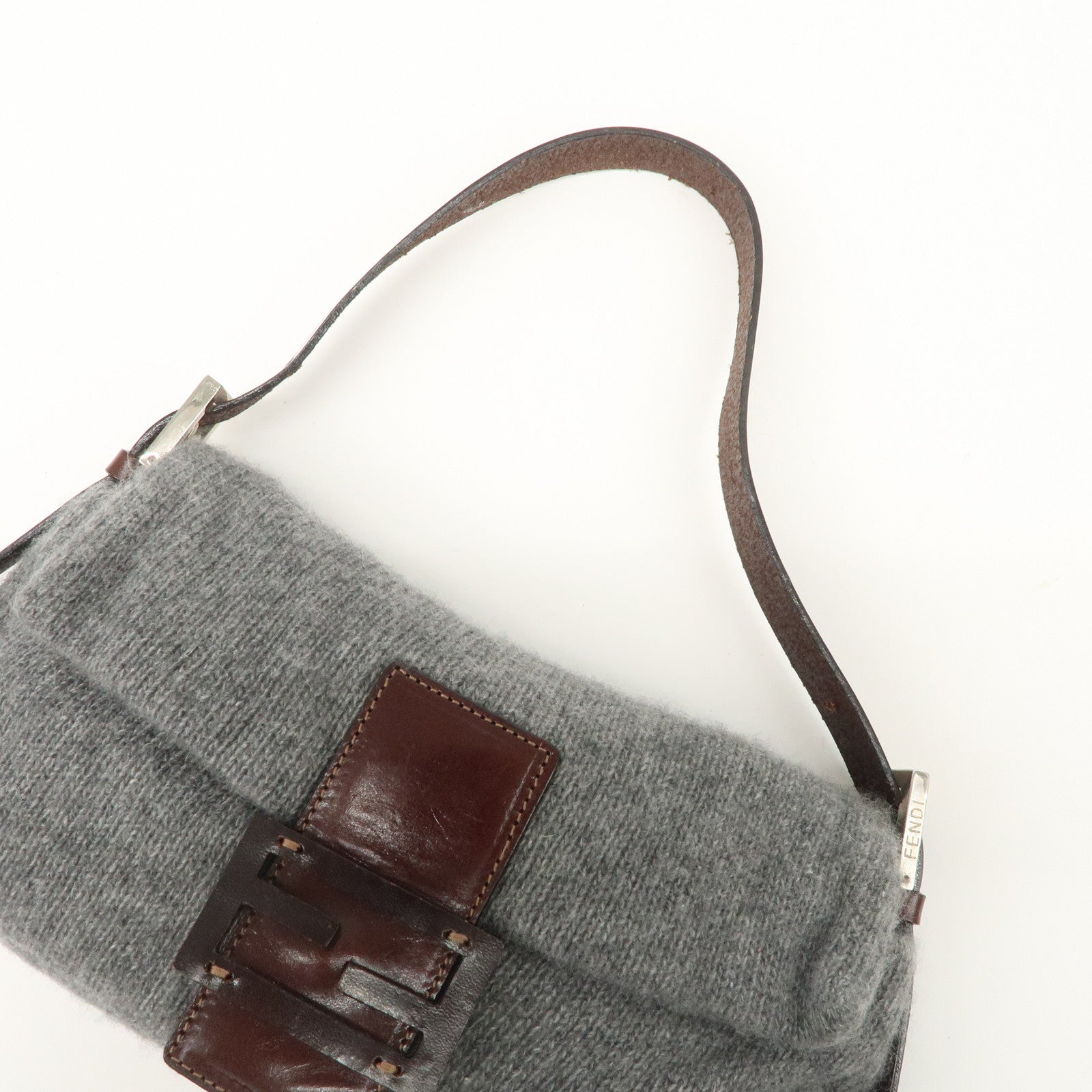 FENDI Mamma Baguette Wool Leather Shoulder Bag Brown Gray 26424