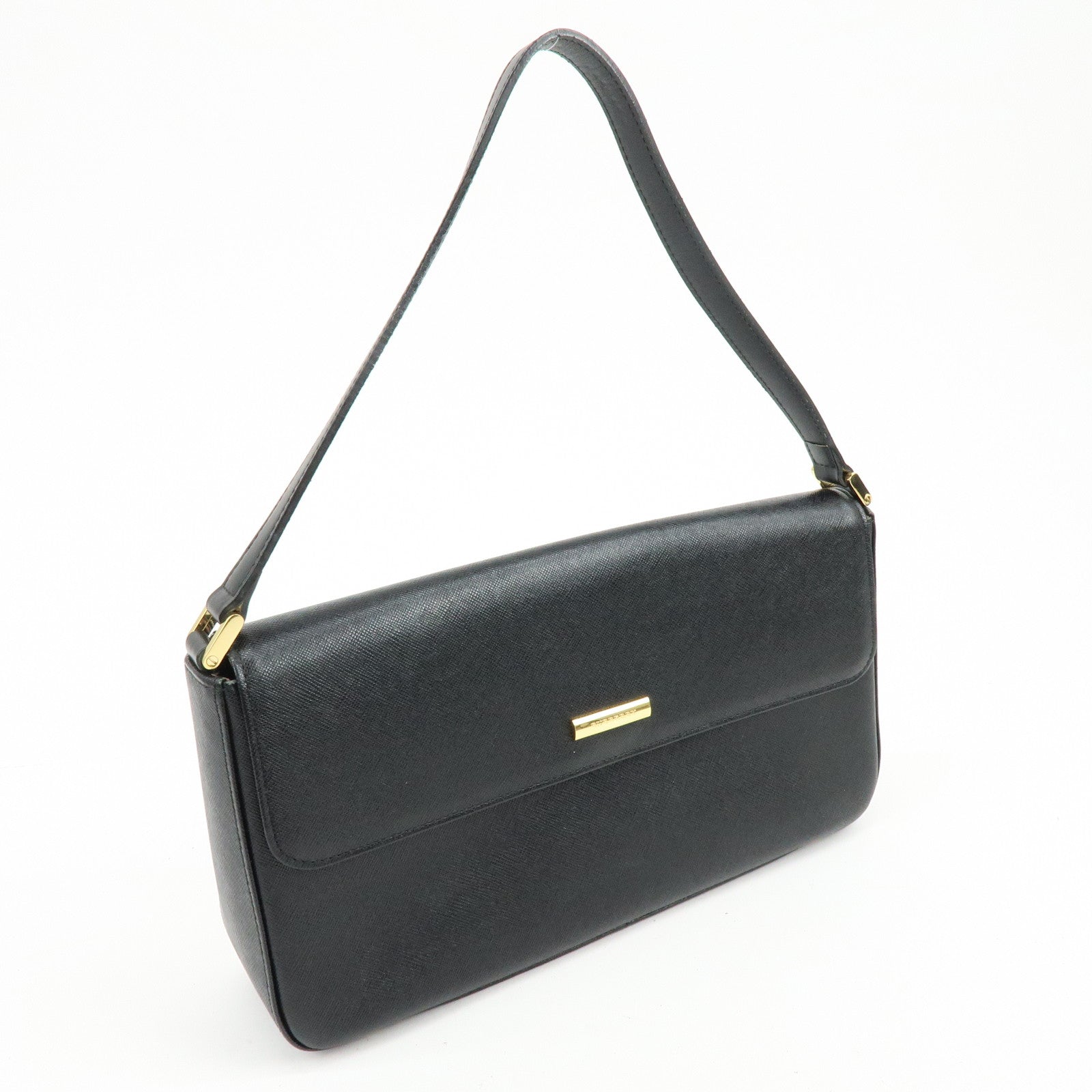 BURBERRY Logo Leather Flap Shoulder Bag Hand Bag Black