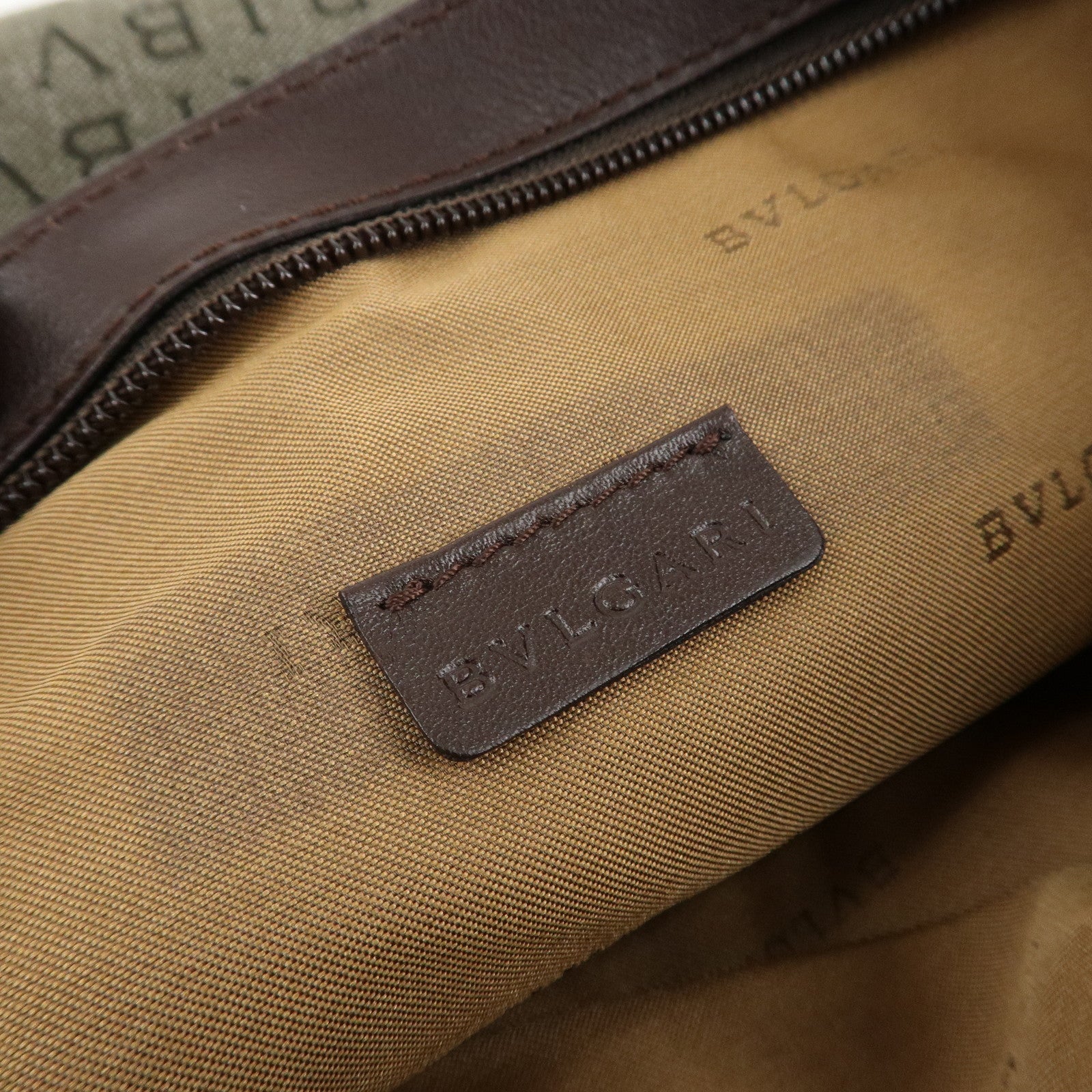 BVLGARI Logo Mania Leather Canvas Shoulder Bag Khaki Dark Brown Used