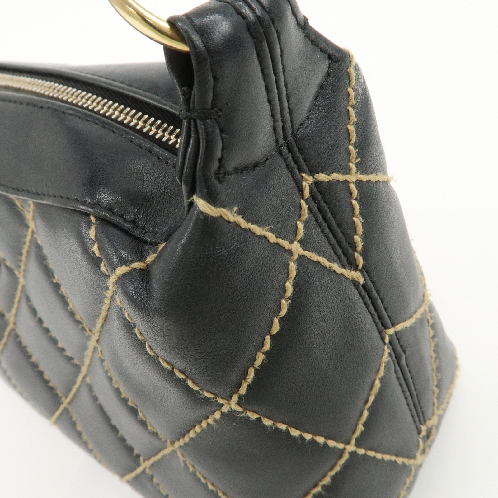 CHANEL COCO Mark Wild Stich Lamb Skin Chain Shoulder Bag Black Used