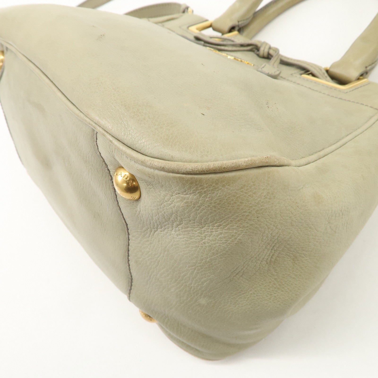 PRADA Logo Ribon Leather 2WAY Tote Bag Hand Bag Beige Gold HDW BN2245 Used