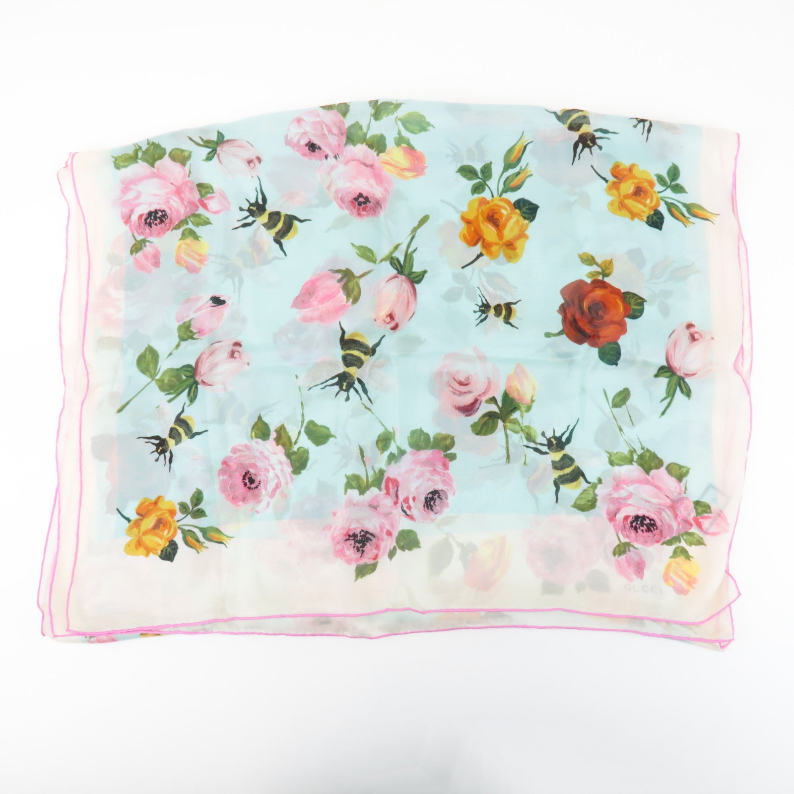 GUCCI Silk 100% 64 ×192 Floral Honey Bee Print Scarf Blue