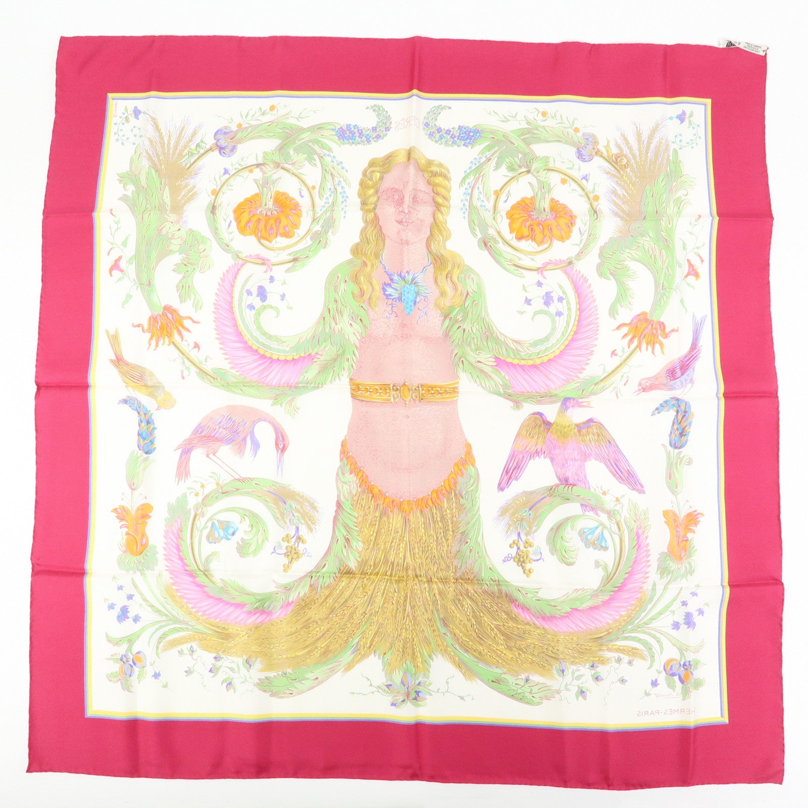 HERMES Carre 90 Silk 100% Scarf CERES White Pink Yellow Green