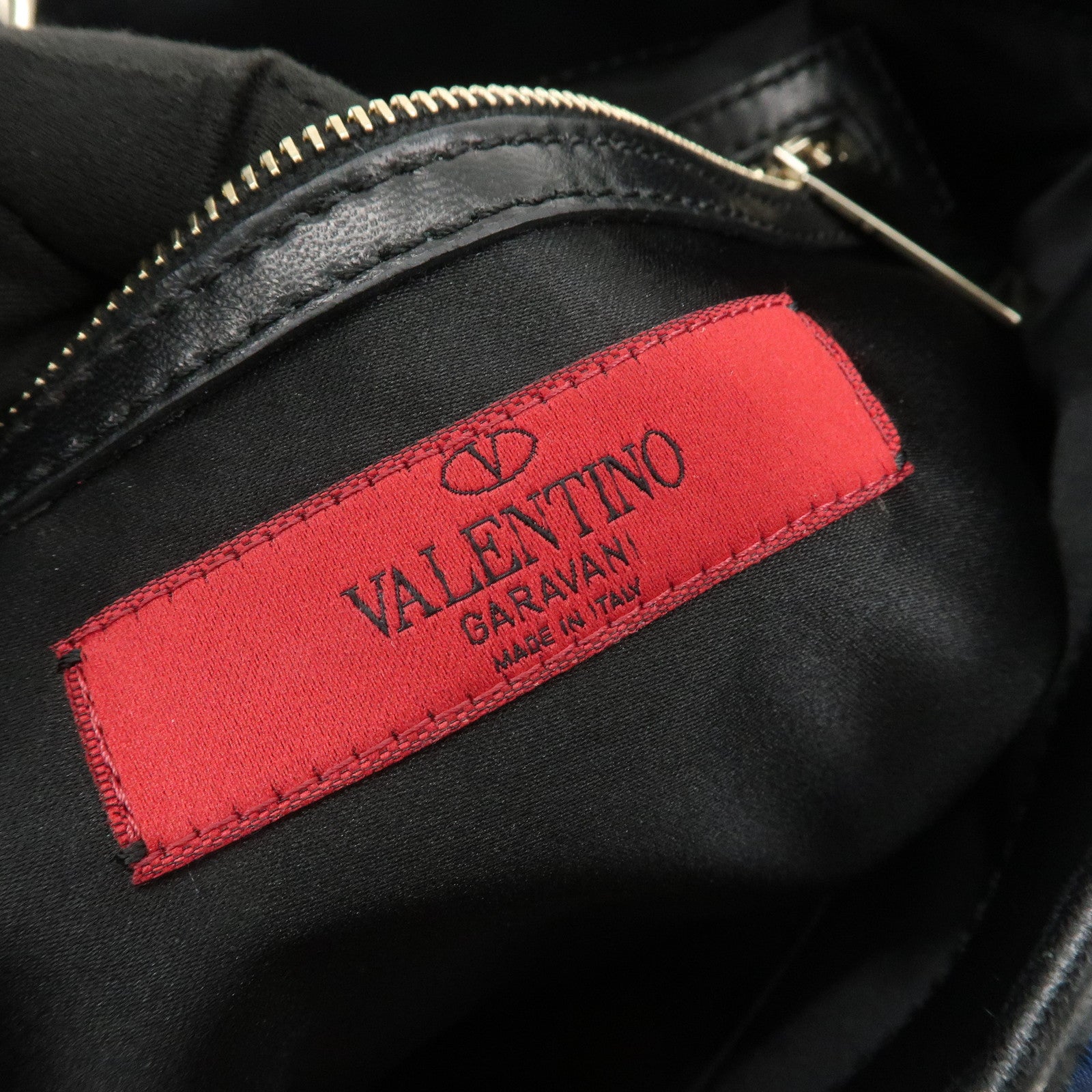 VALENTINO Logo Nylon Leather Hand Bag Navy Gold