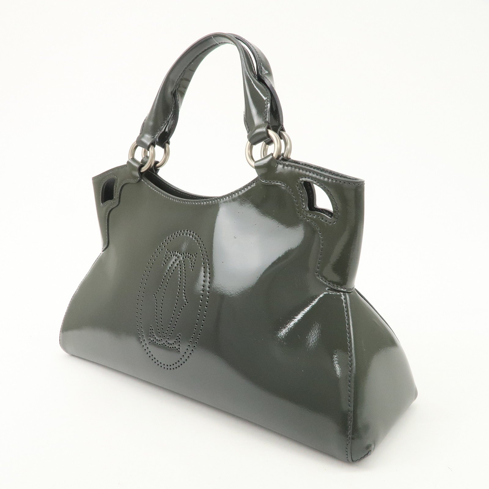 Cartier Marcello Patent Leather Tote Bag Hand Bag Khaki Used