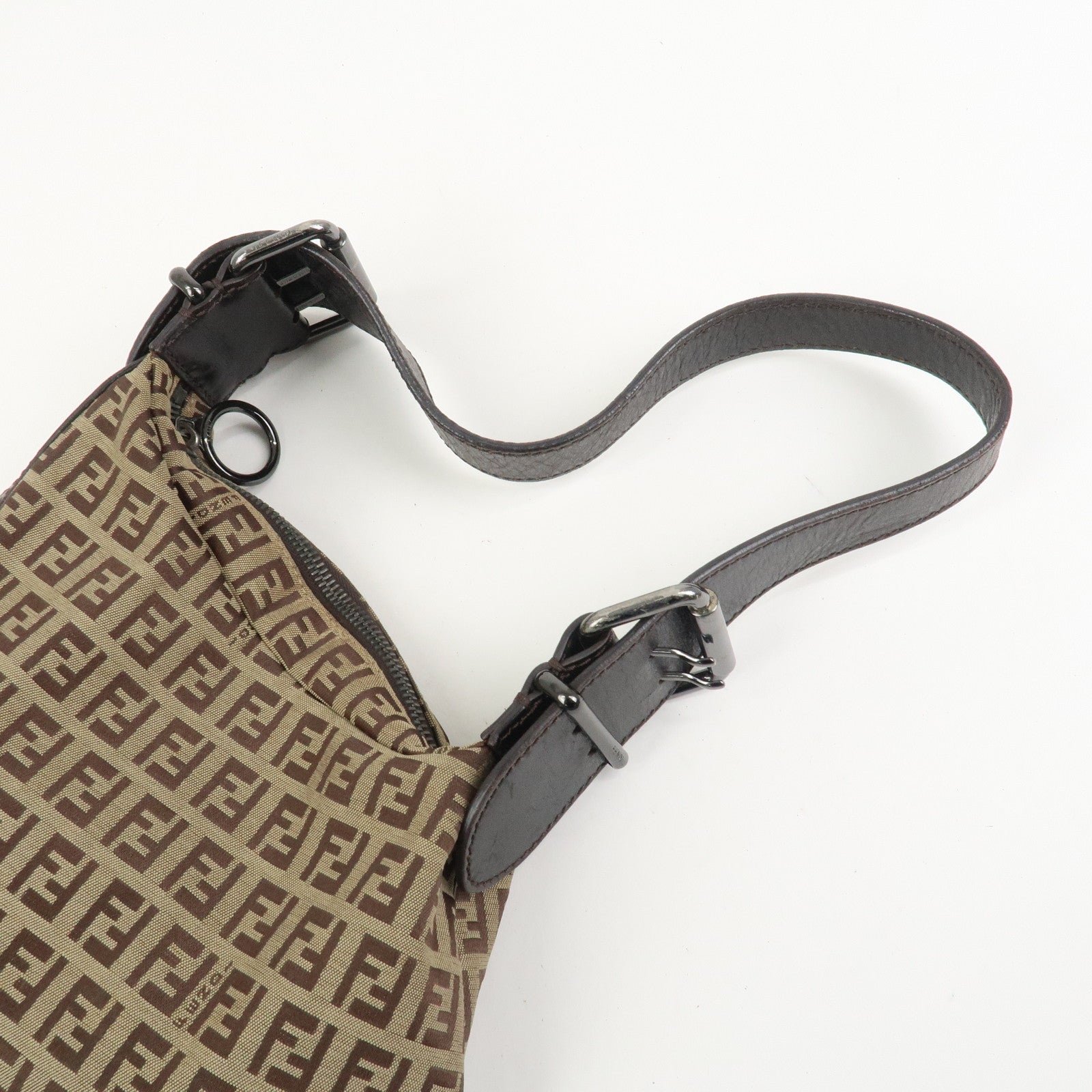 FENDI Zucchino Canvas Leather Shoulder Bag Hand Bag Brown
