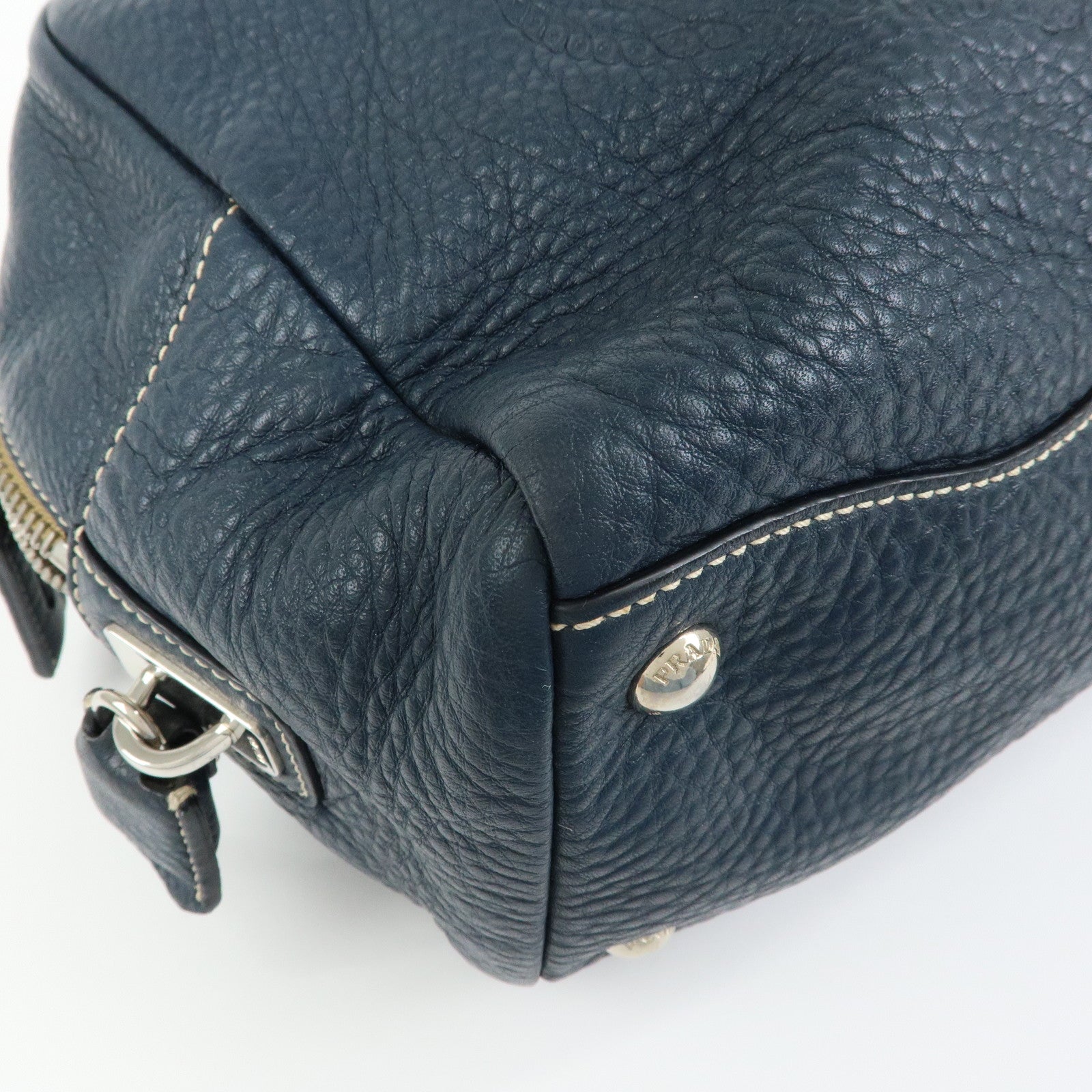 PRADA Calf Leather Boston Bag Shoulder Bag Hand Bag Navy BR3091