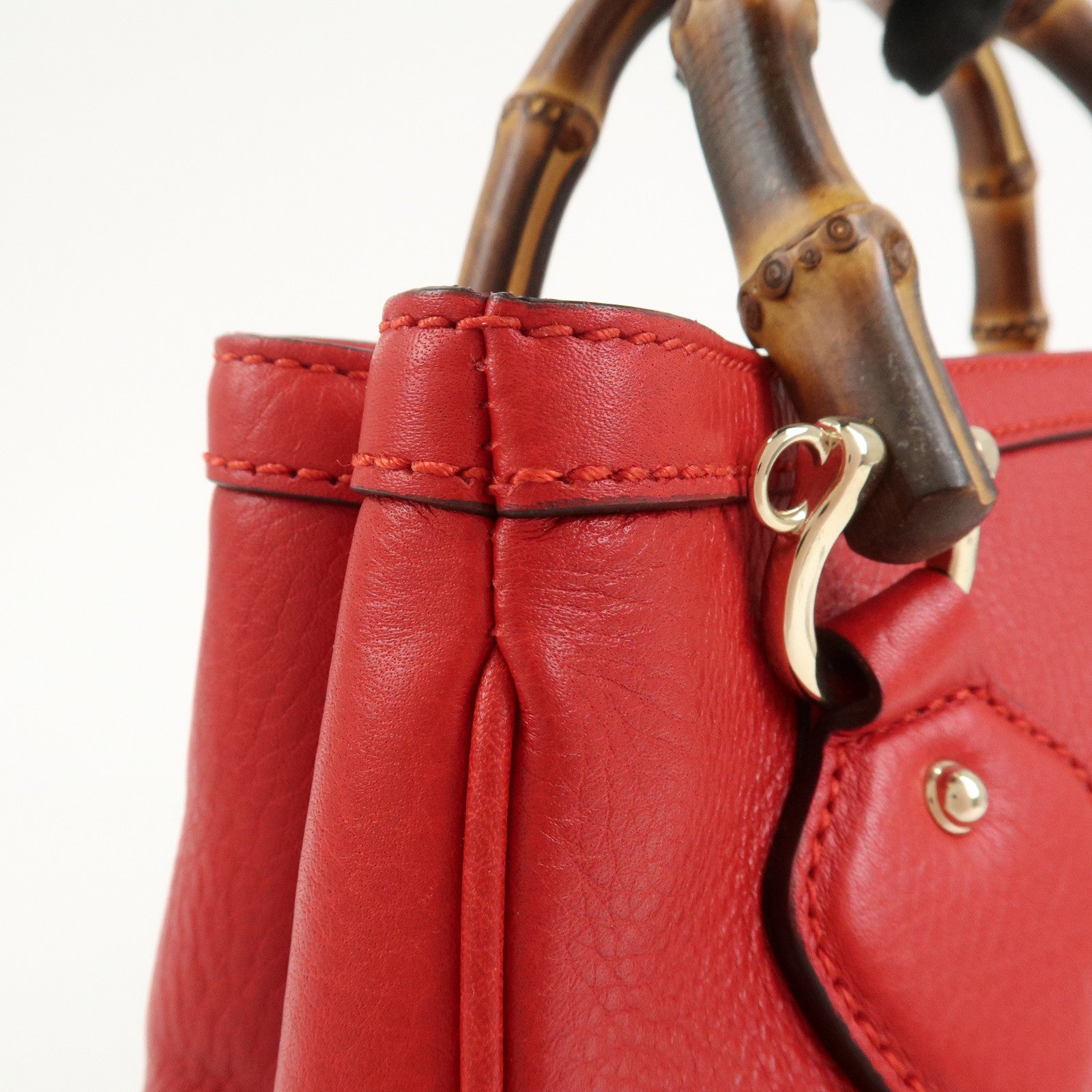 GUCCI Bamboo Leather 2Way Shoulder Bag Hand Bag Red 308360