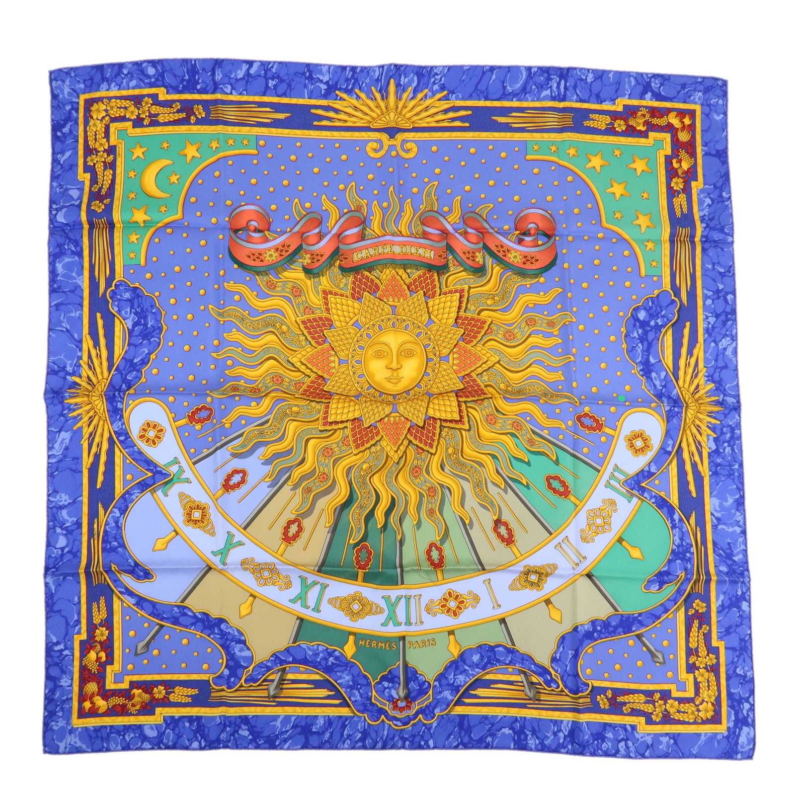 HERMES Carre 90 Silk 100% Scarf CARPE DIEM Blue Gold