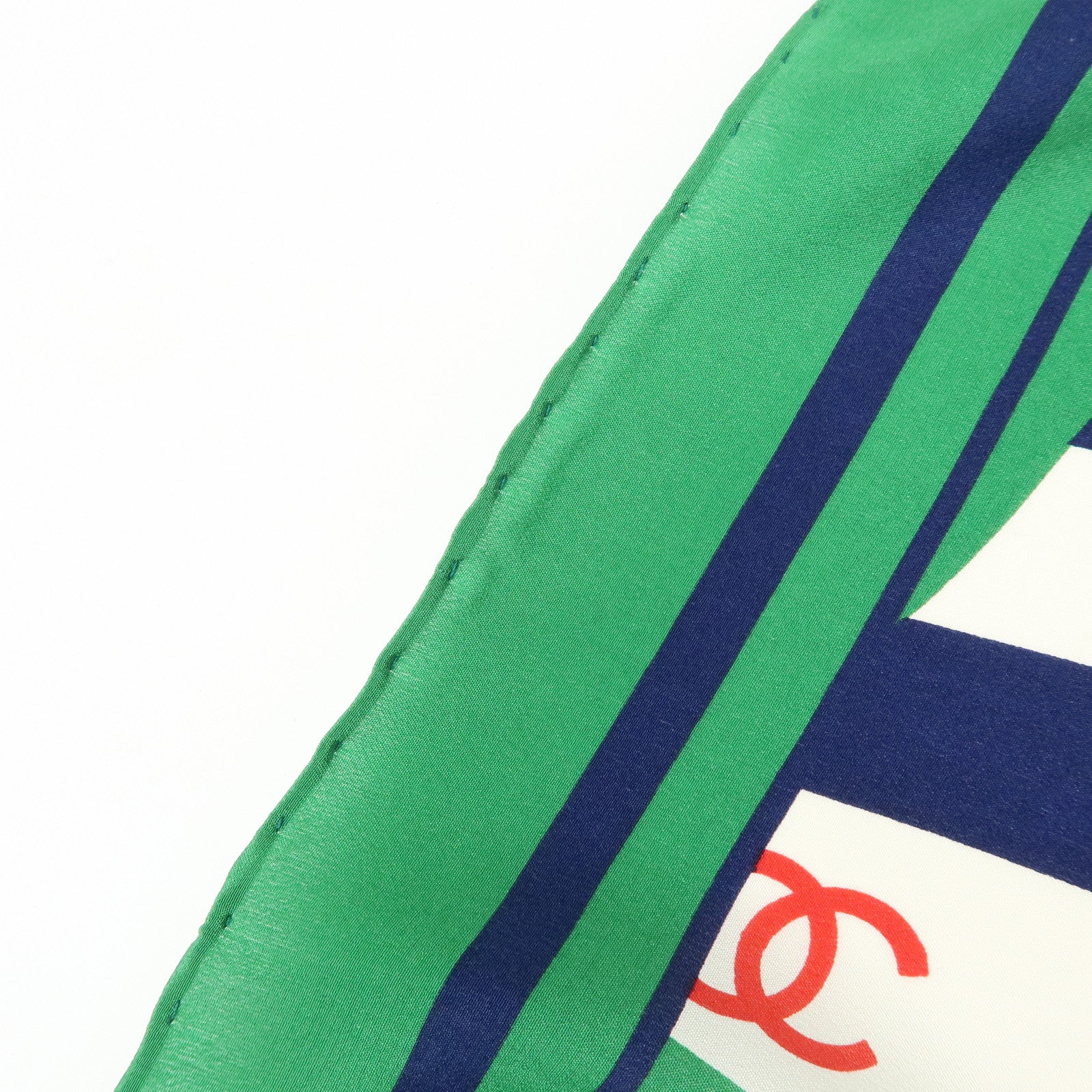 CHANEL COCO Mark Silk100% Scarf Green Navy White Red