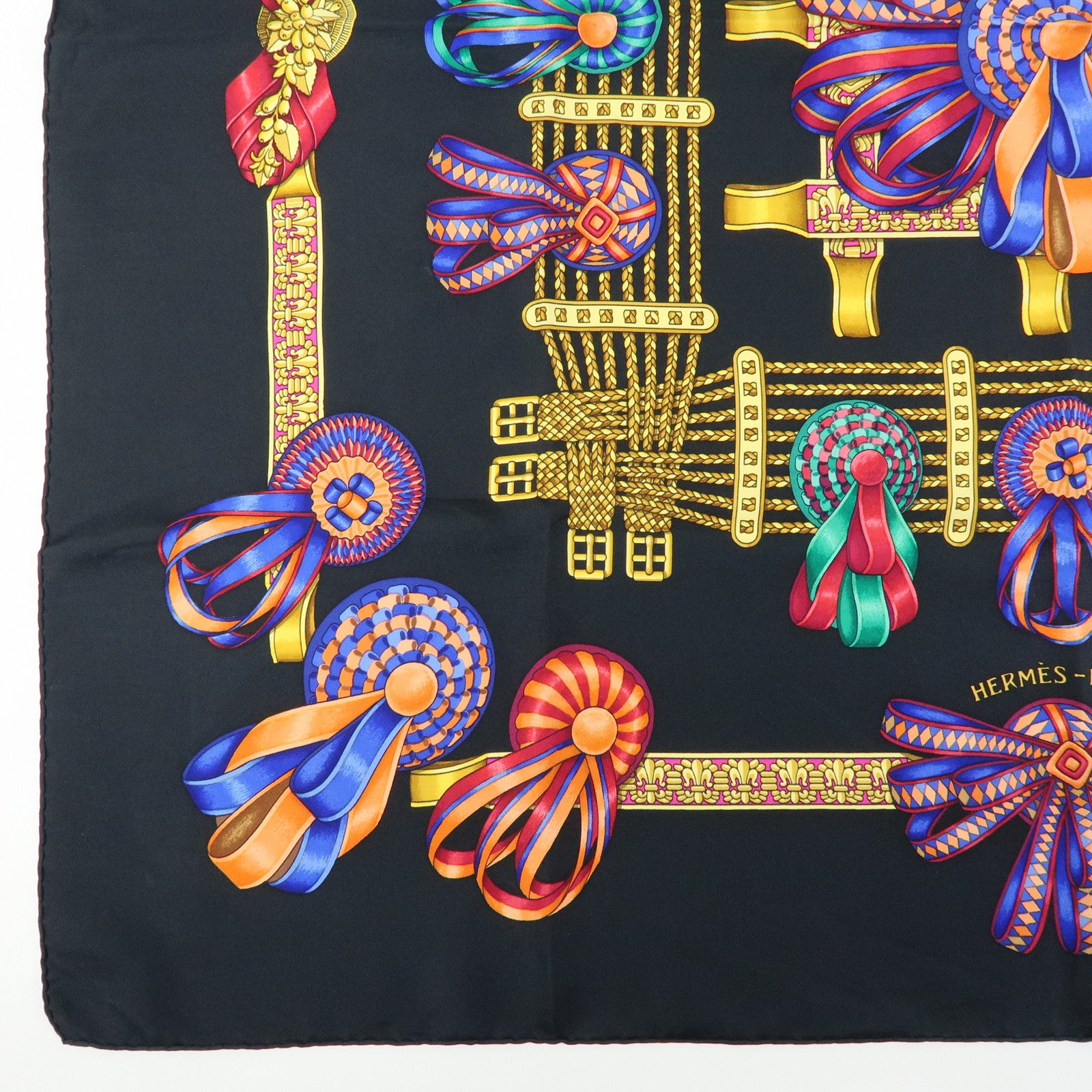 HERMES Carre 90 Silk 100% Scarf LES RUBANS DU CHEVAL Black