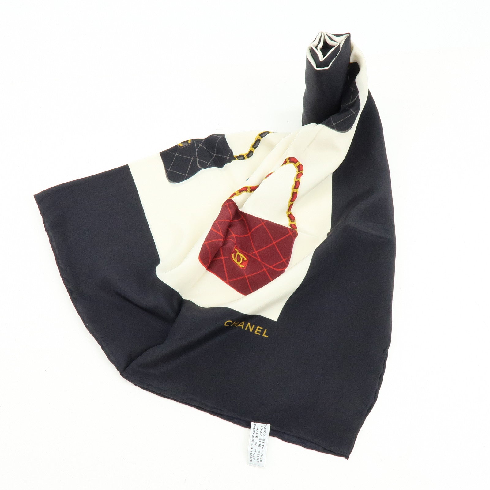 CHANEL Matelasse Silk 100% Scarf Black Green Gold