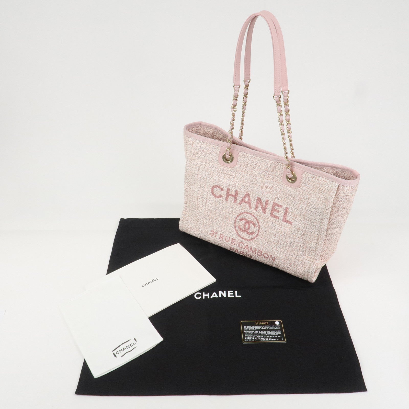 CHANEL Tweed Leather Deauville MM Shoulder Bag Tote Bag Pink