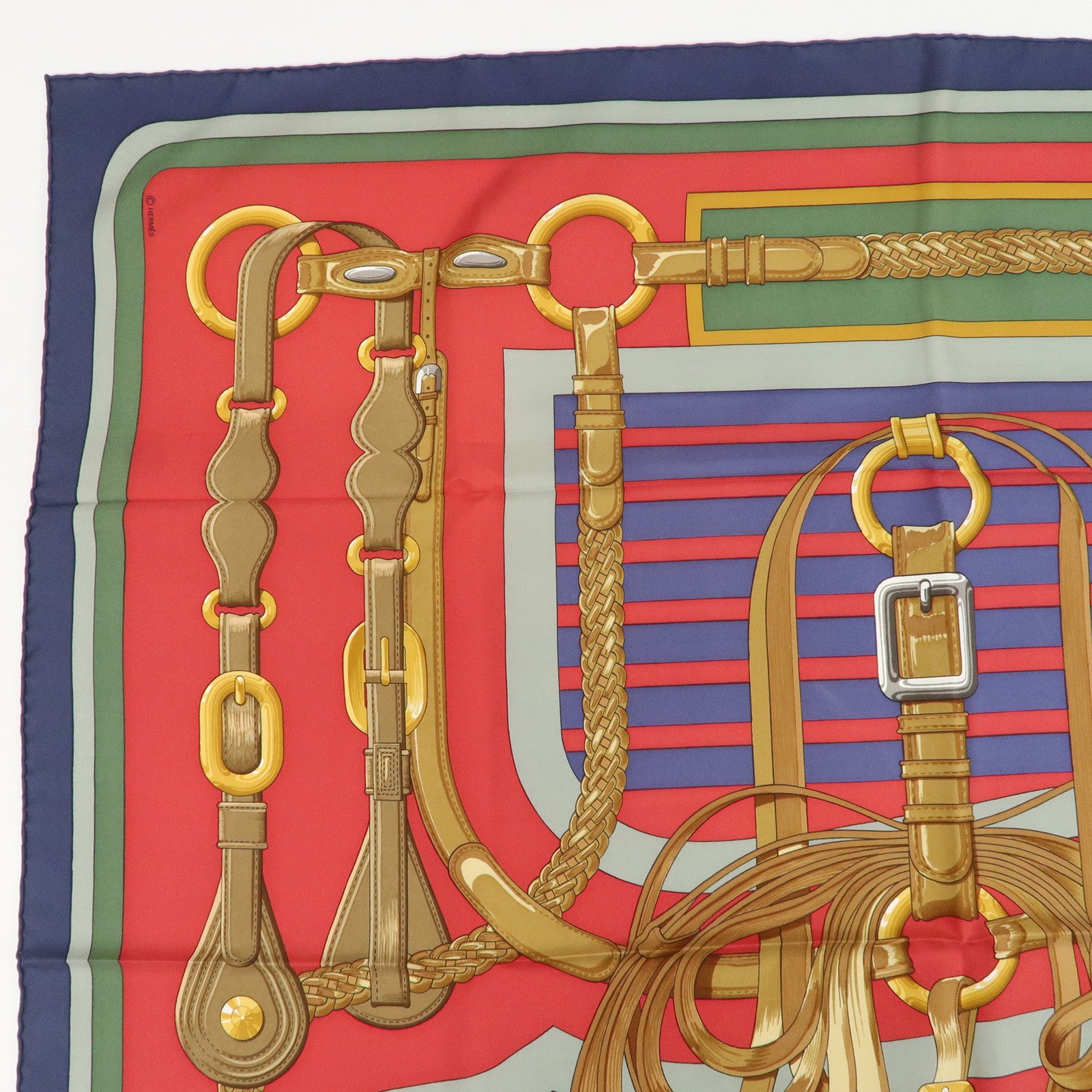 HERMES Carre 90 Silk 100% COACHING Scarf Red Multi Color