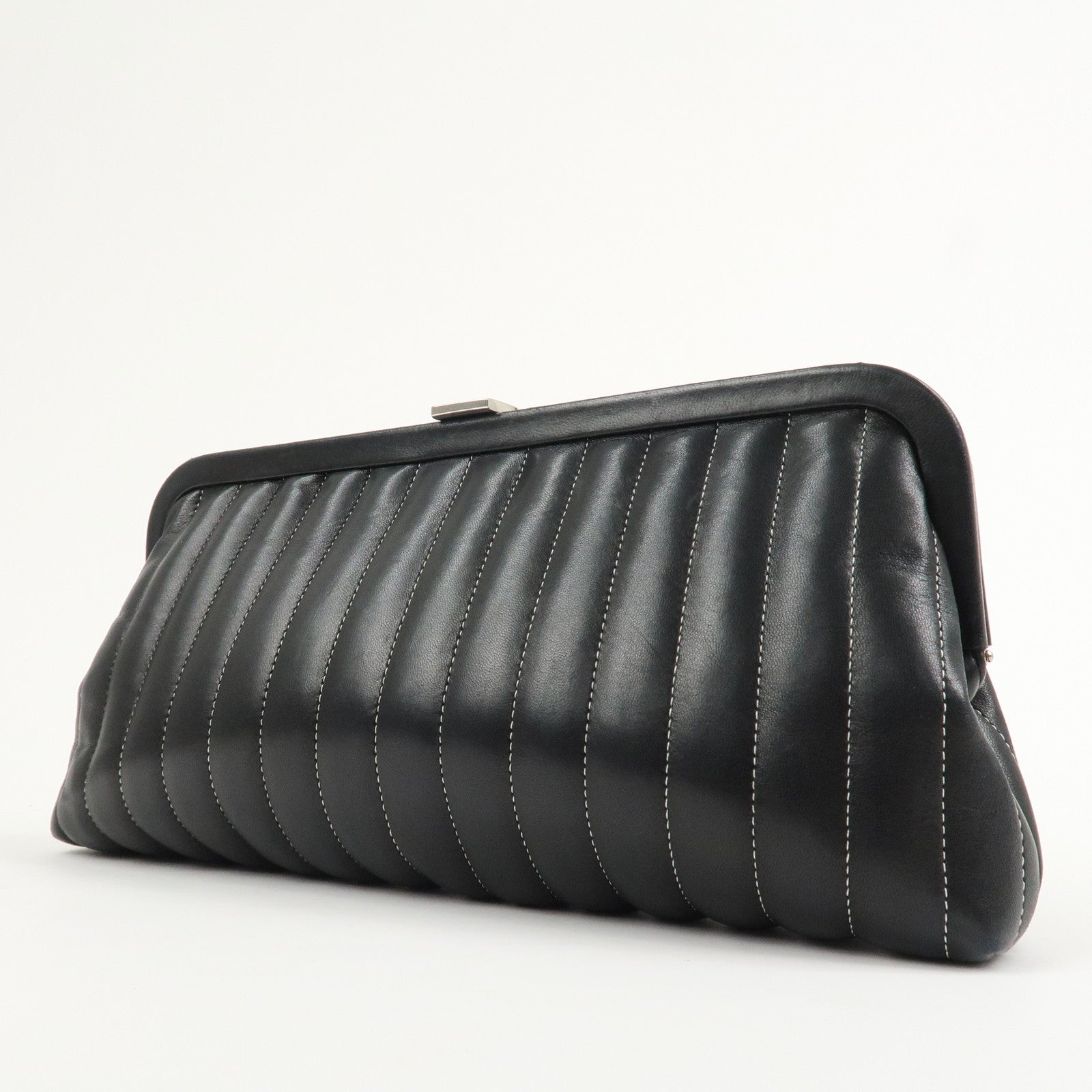 CHANEL Mademoiselle Line Lamb Skin Clutch Bag Hand Bag Black