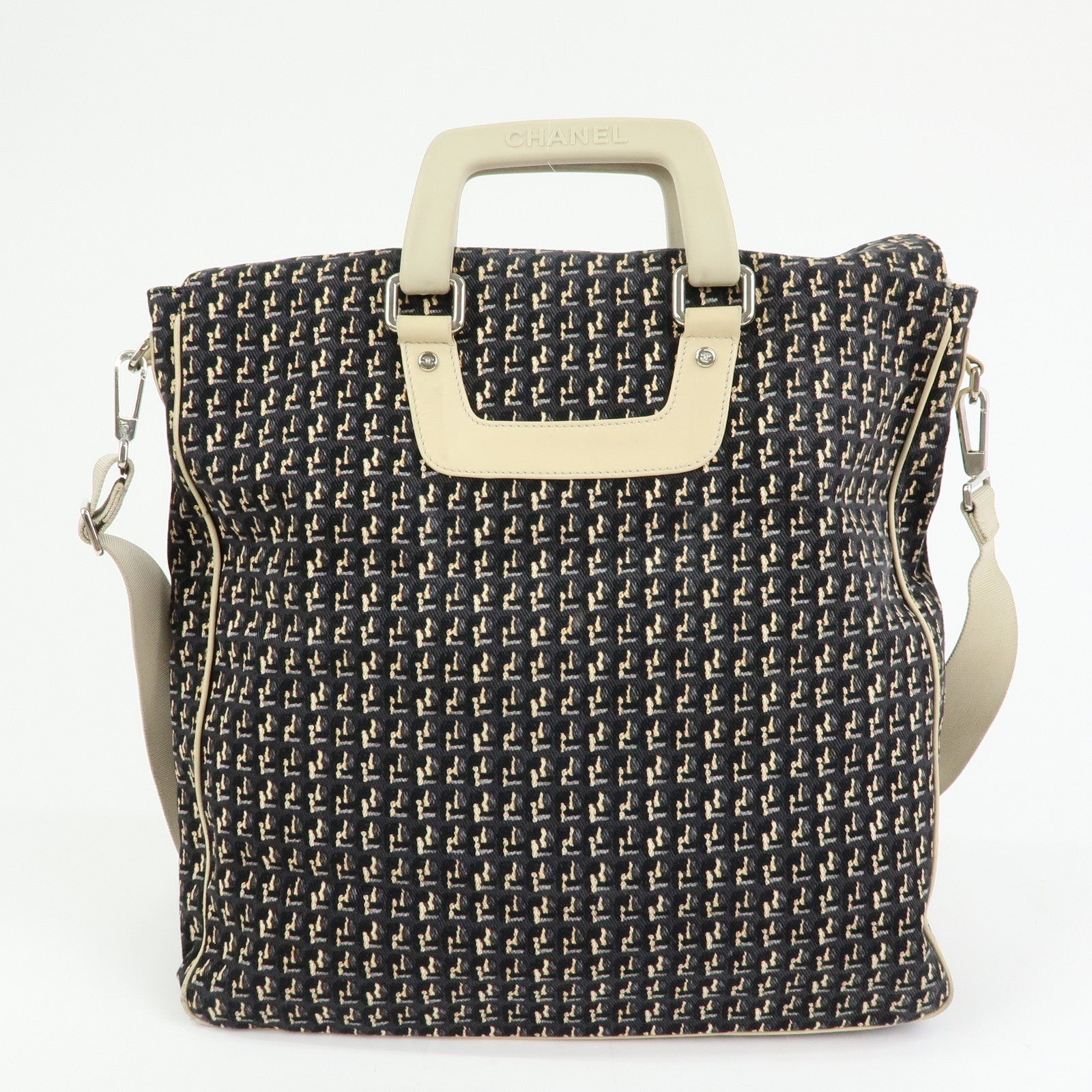 CHANEL Canvas Leather 2Way Bag Hand Bag Shoulder Bag Black Ivory