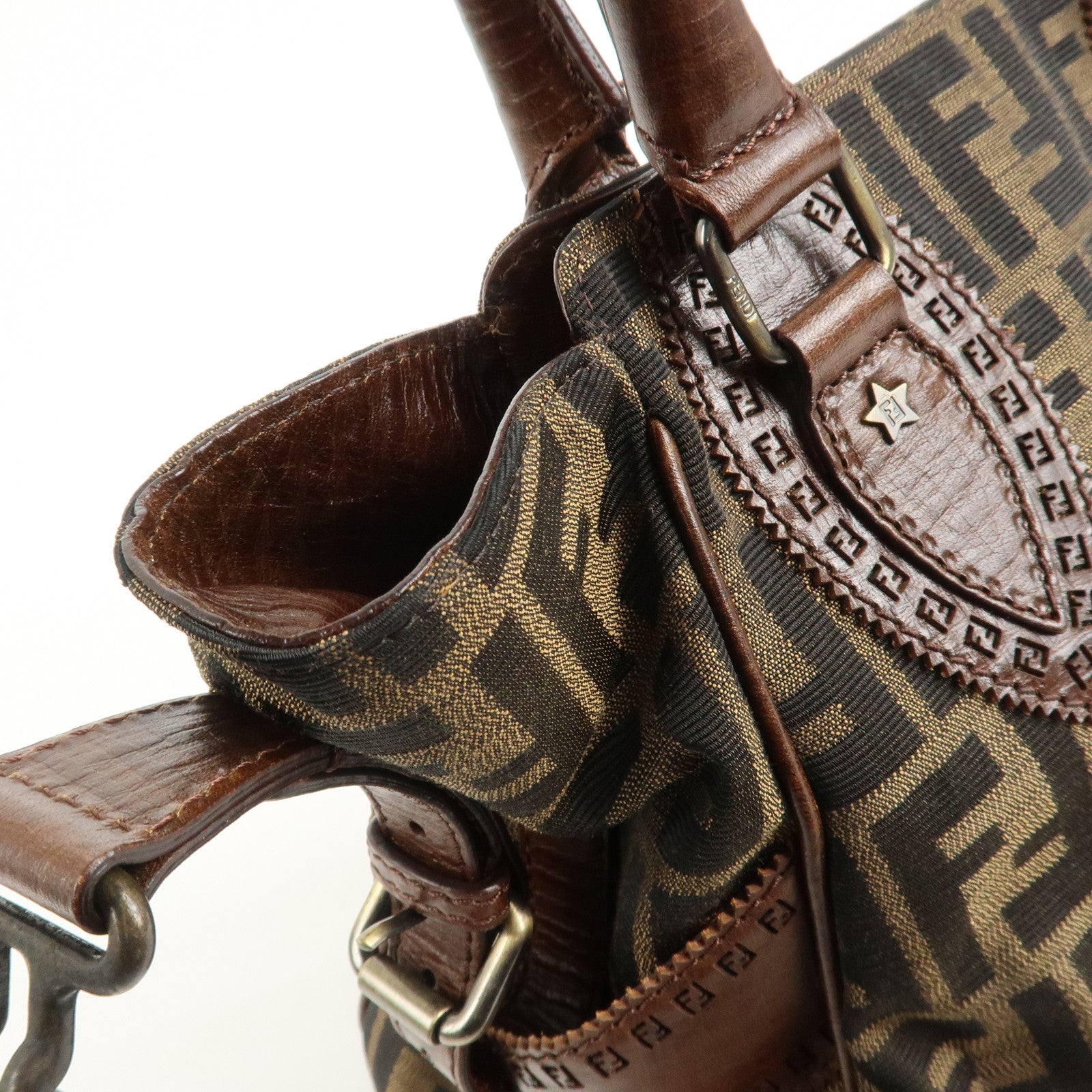 FENDI Ethnico Zucca Canvas Leather Shoulder Bag Brown 8BN157