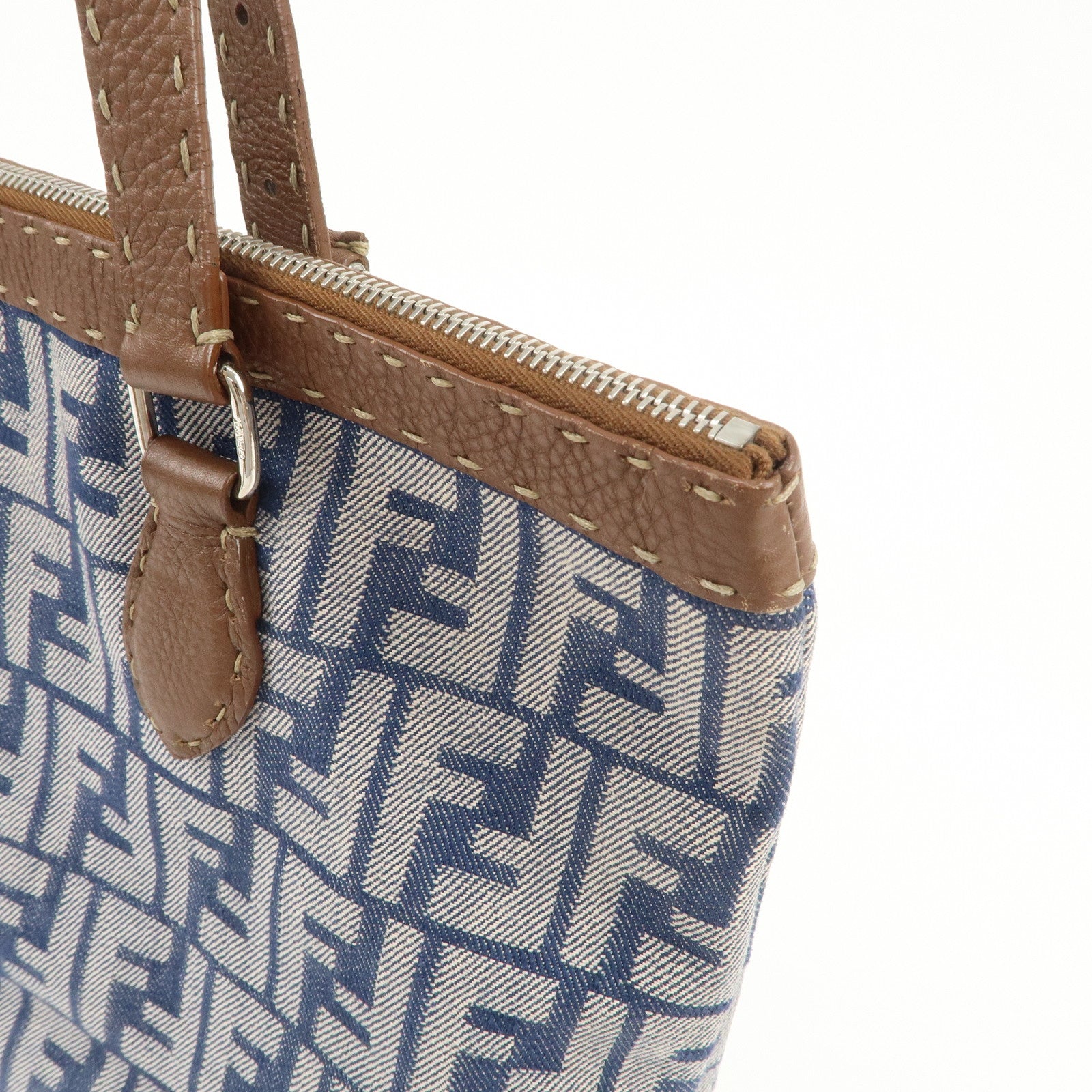 FENDI Zucca Seleria Denim Leather Tote Bag Hand Bag Blue 8BH179