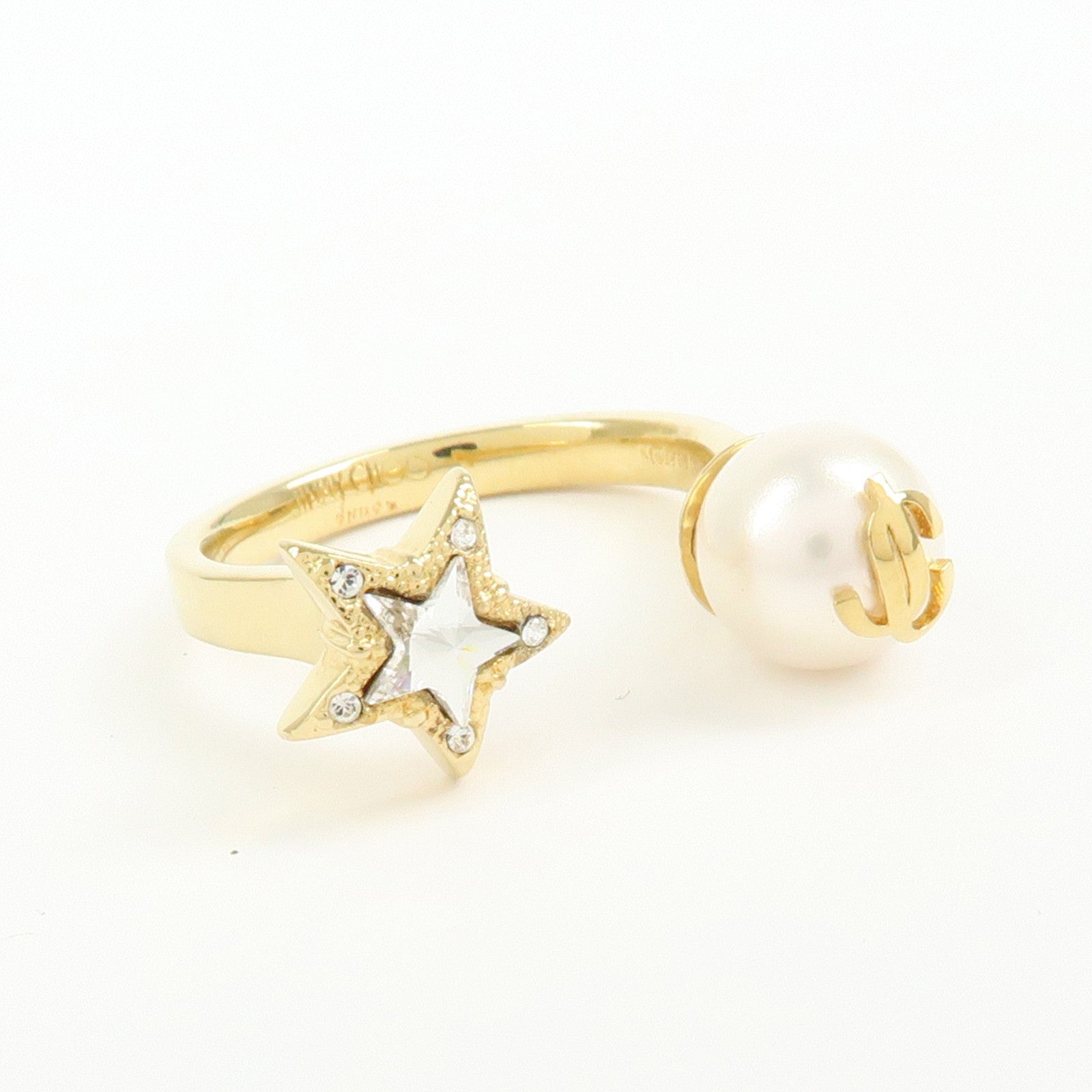 JIMMY CHOO Faux Pearl Crystal Metal Ring Gold Pearl White US8 EU56