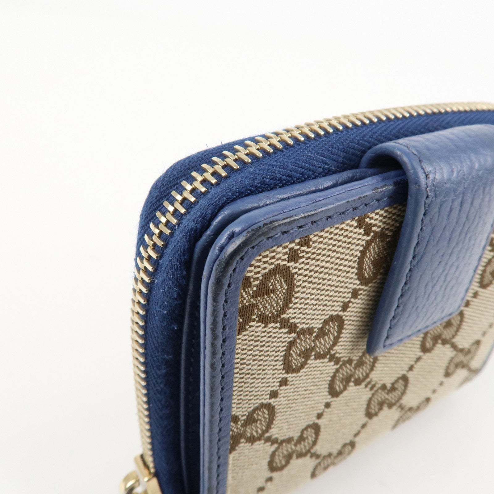 GUCCI GG Canvas Leather Bi-Fold Wallet Beige Blue 346056 Used