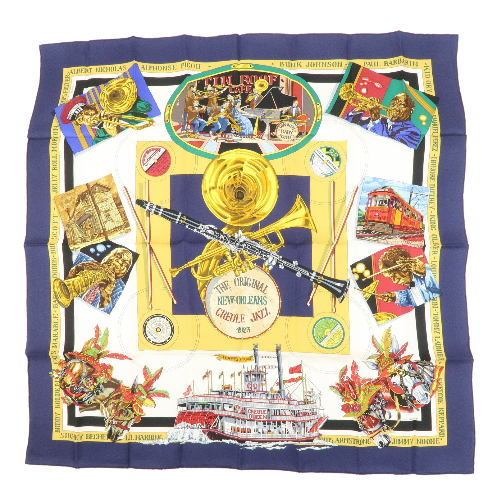HERMES Carre 90 Silk Scarf THE ORIGINAL NEW ORLEANS CREOLE JAZZ Used