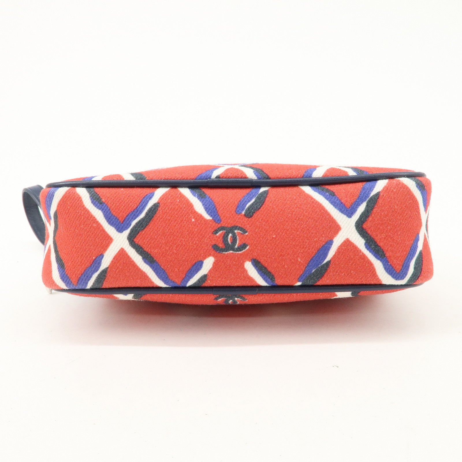 CHANEL COCO Mark COCO Beach Canvas Pouch Red Navy Silver HDW Used