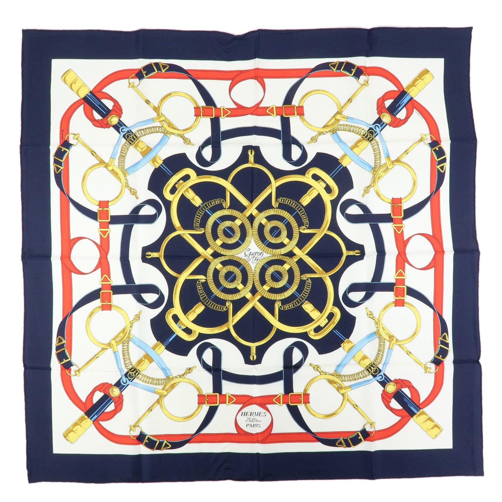 HERMES Carre 90 Silk 100% Scarf Eperon d'or White Navy Red Yellow