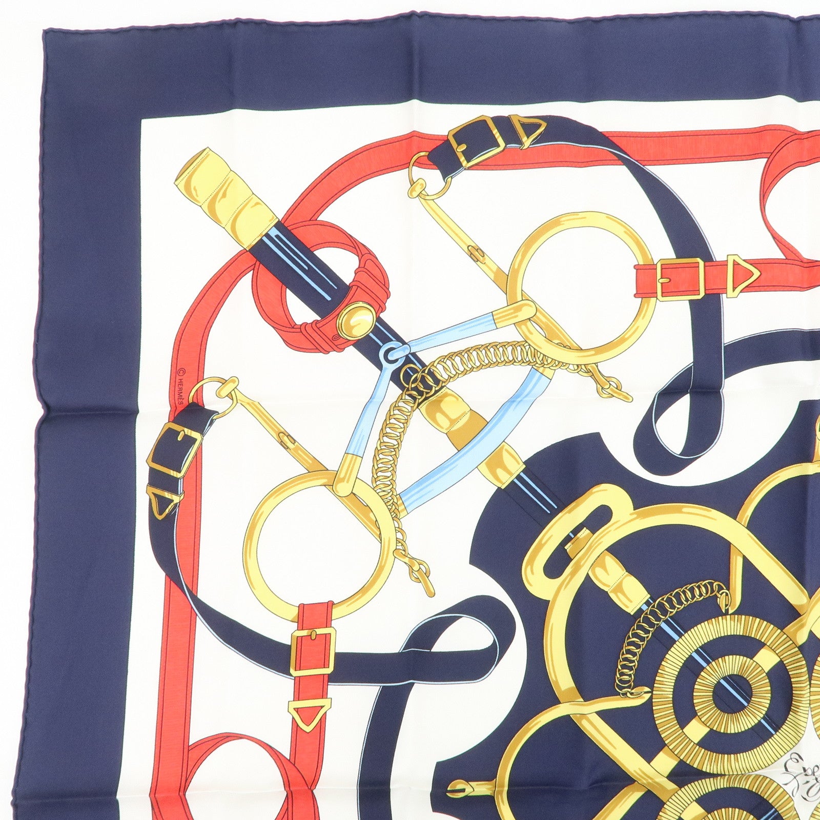 HERMES Carre 90 Silk 100% Eperon d'or Scarf White Navy
