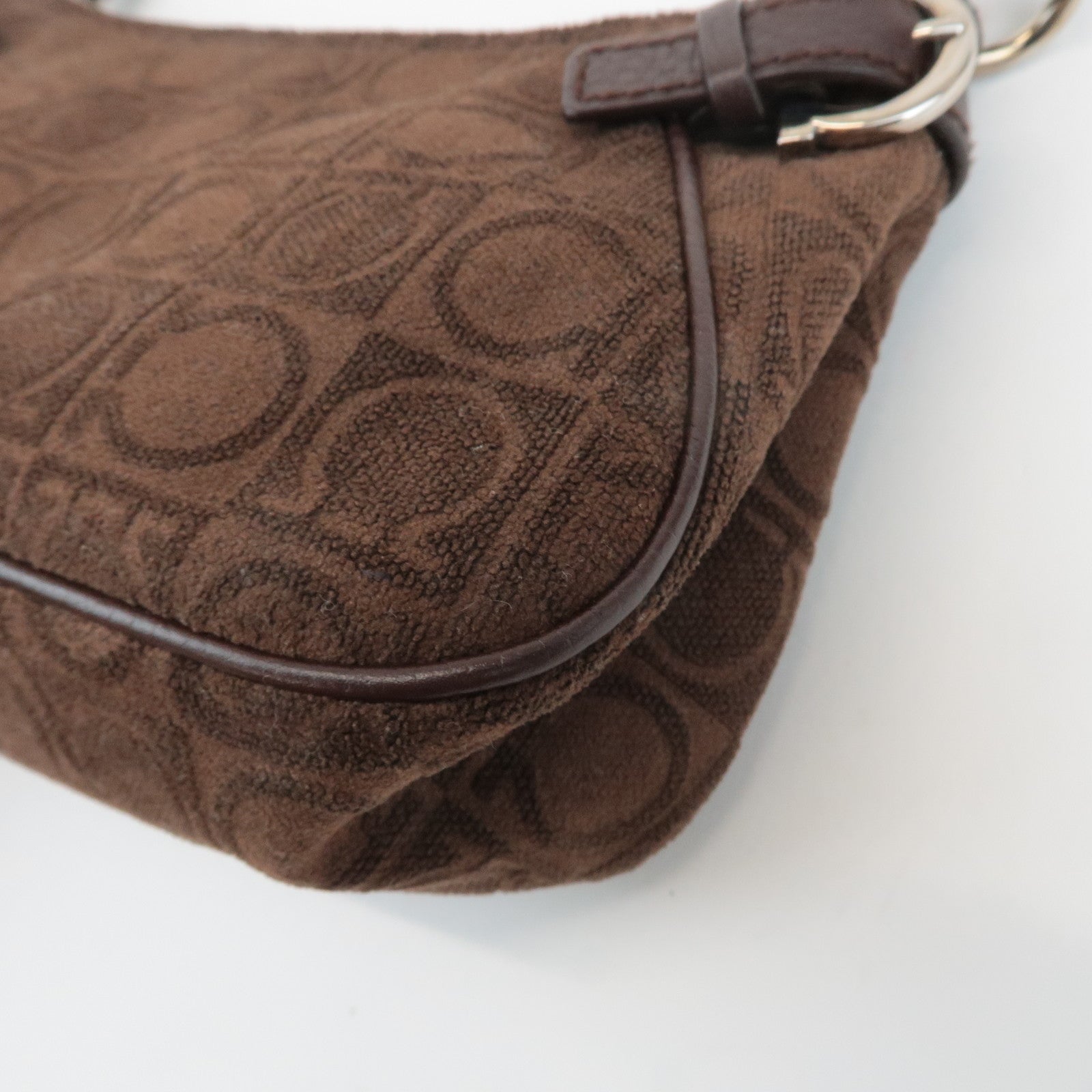 Ferragamo Gancini Leather Cotton Accessoires Pouch Hand Bag Brown Used