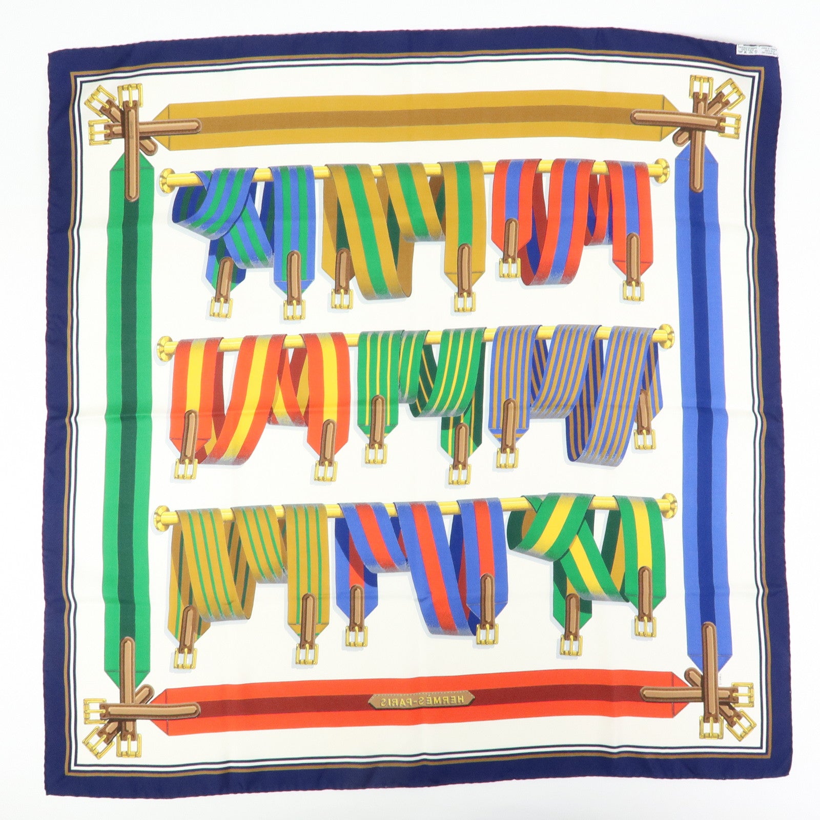 HERMES Carre 90 Silk 100% J.METZ Les Sangles Scarf Blue Green Red