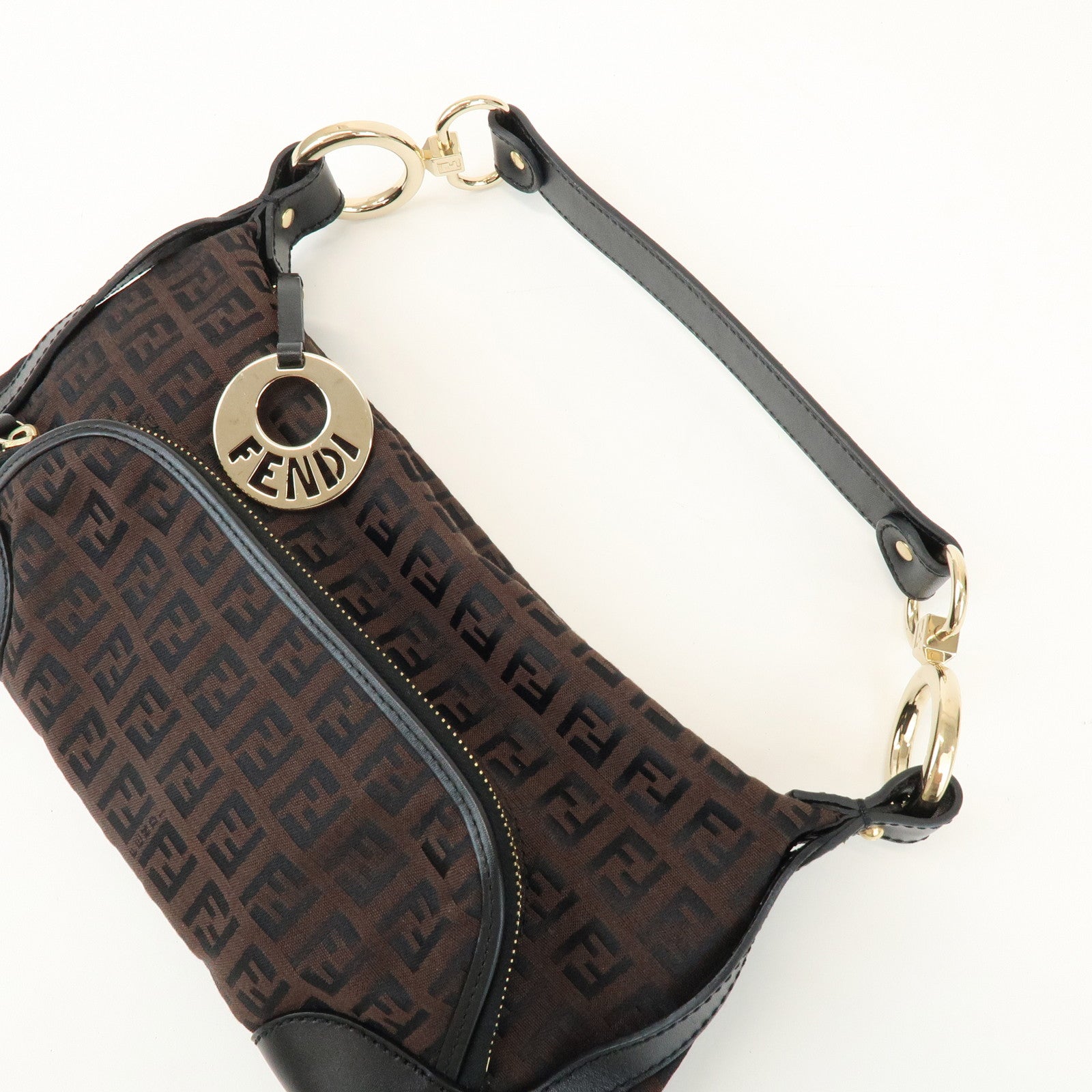 FENDI Zucchino Logo Canvas Leather Black Shoulder Bag Brown 8BR464