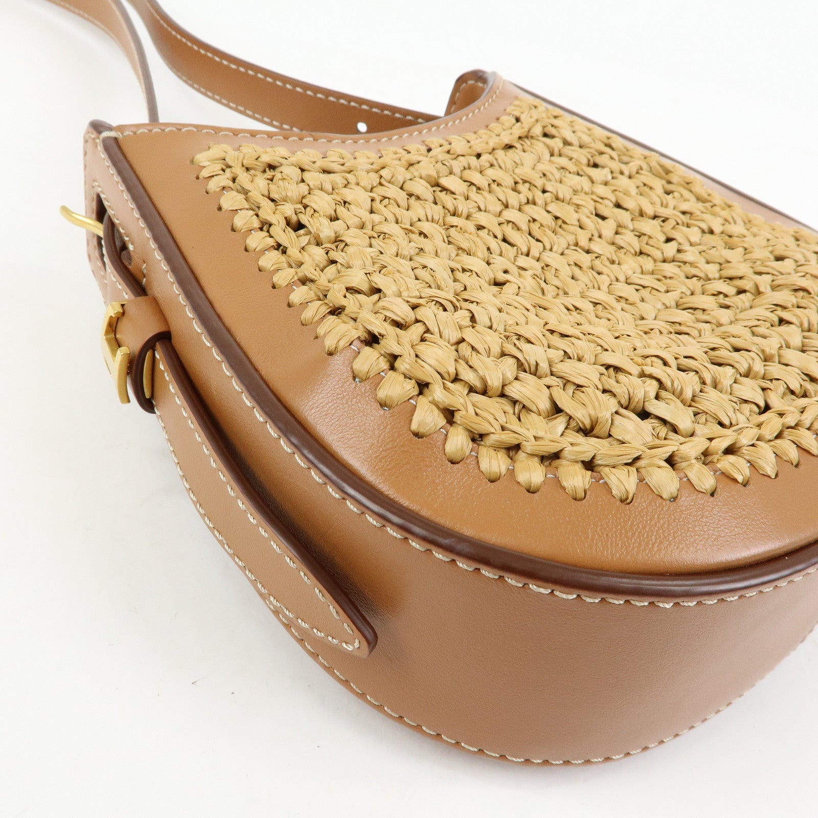 TOD'S Oboe Raffia Leather Shoulder Bag Crossbody Bag Beige Brown