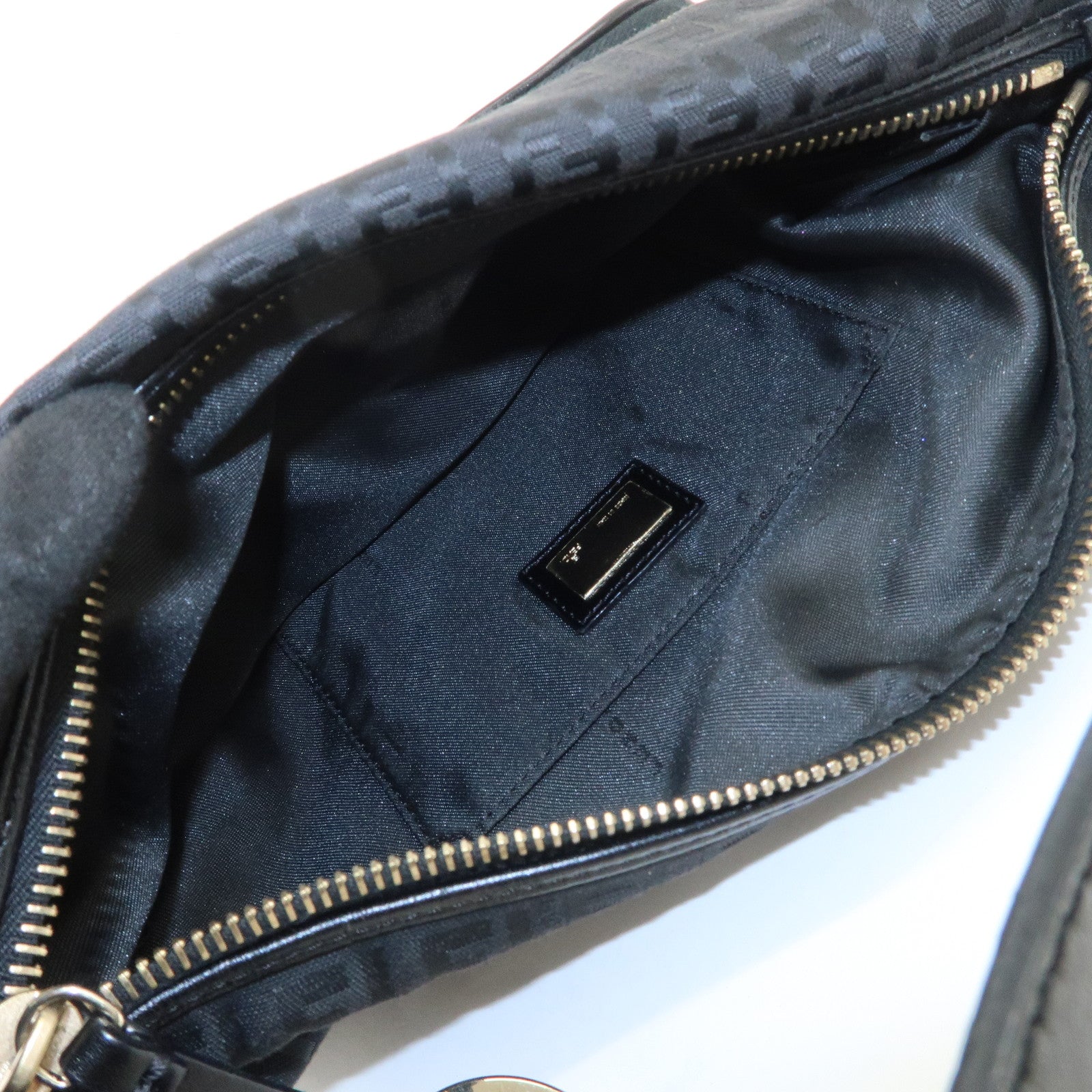 FENDI Zucchino Canvas Leather Logo Charm Shoulder Bag Black 8BR464