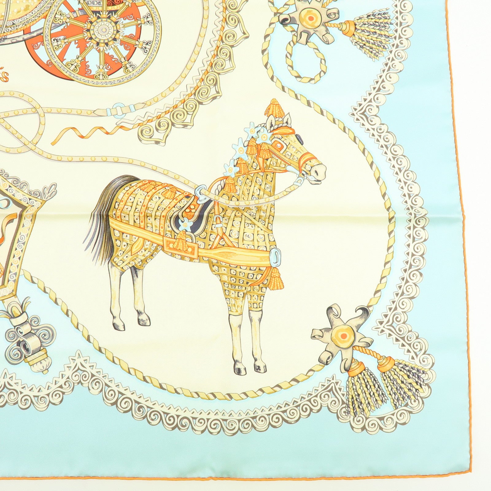 HERMES Carre 90 Silk 100% PAPEROLLES Scarf Light Blue Ivory