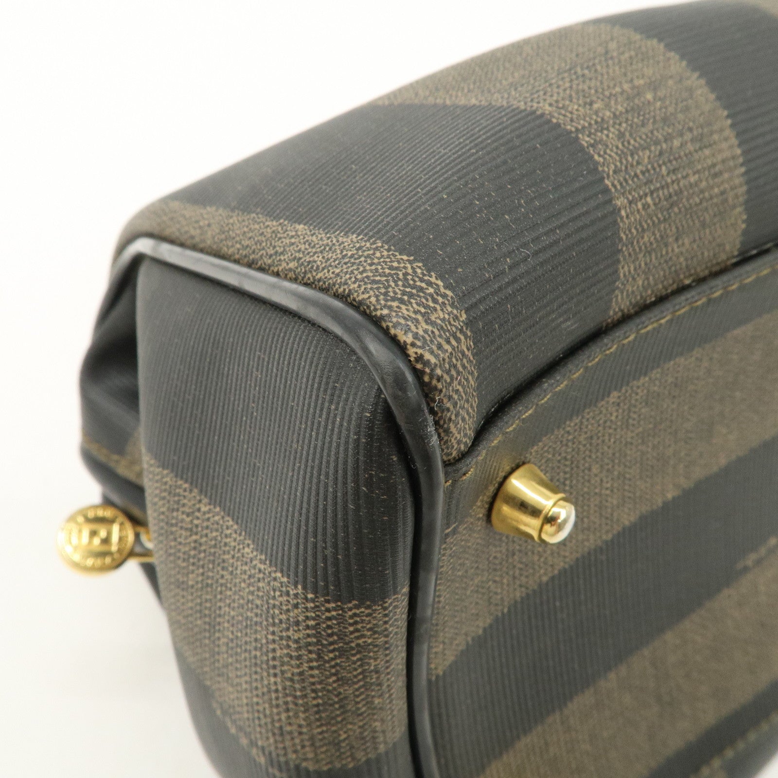 FENDI Pequin PVC Canvas Hand Bag Boston Bag Black Brown Used