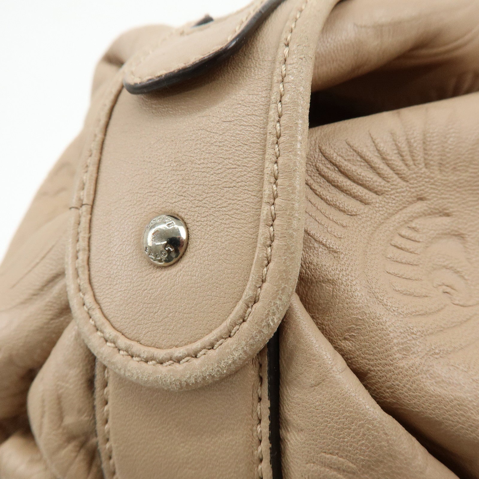 LOEWE Anagram Leather Mini Boston Bag Tote Hand Shoulder Bag Beige