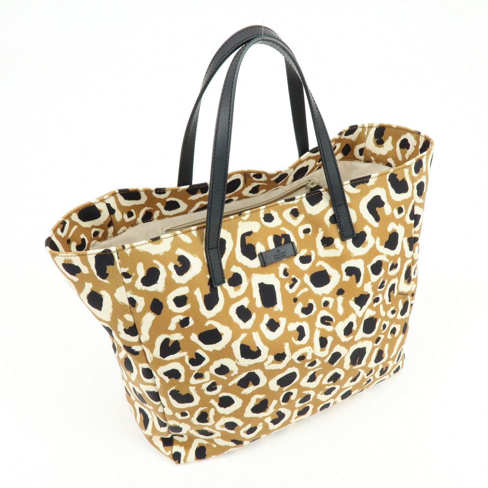 GUCCI Leopard Canvas Leather Tote Bag Hand Bag Beige Black 282439