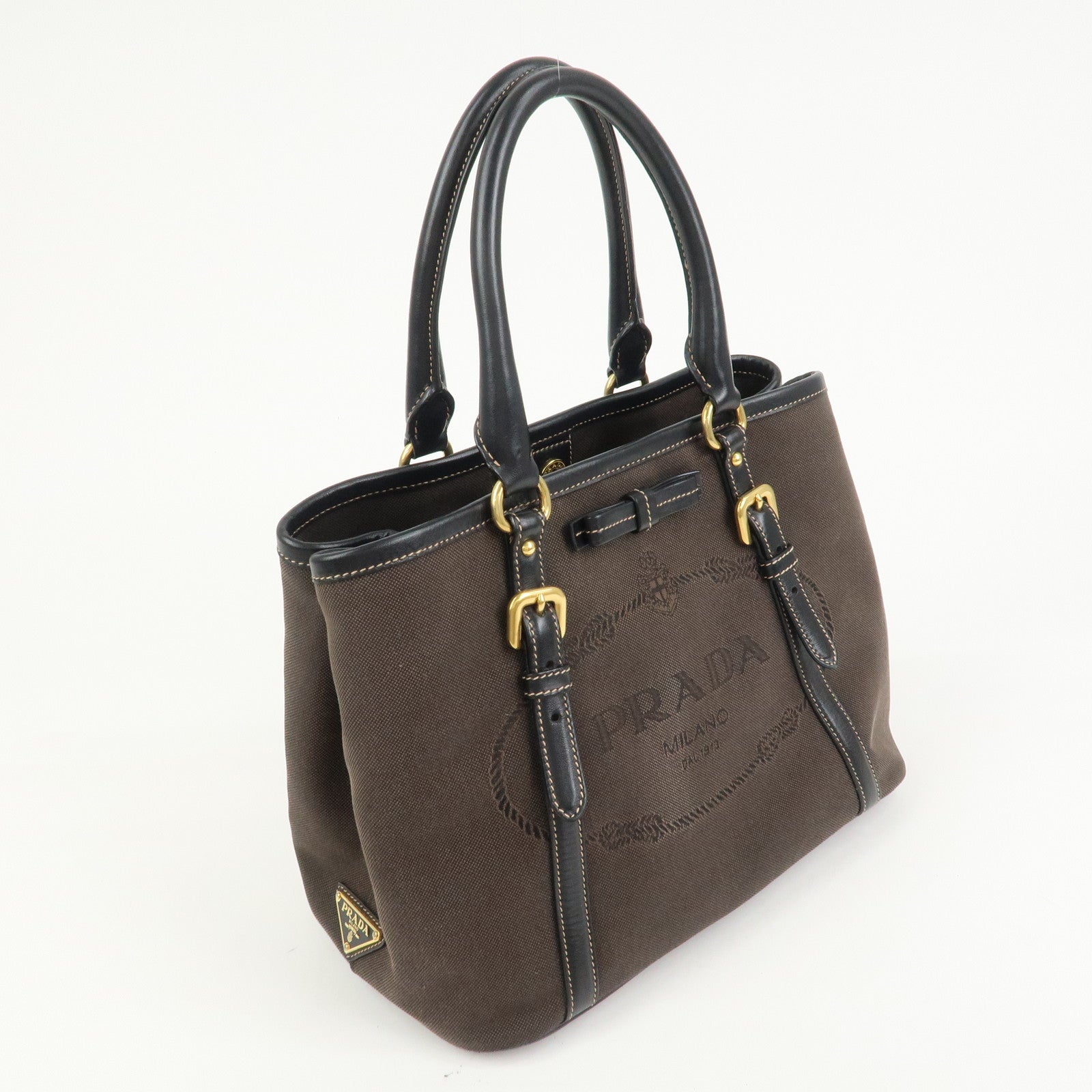PRADA Jacquard Leather 2Way Bag Tote Bag Hand Bag Brown BN1841