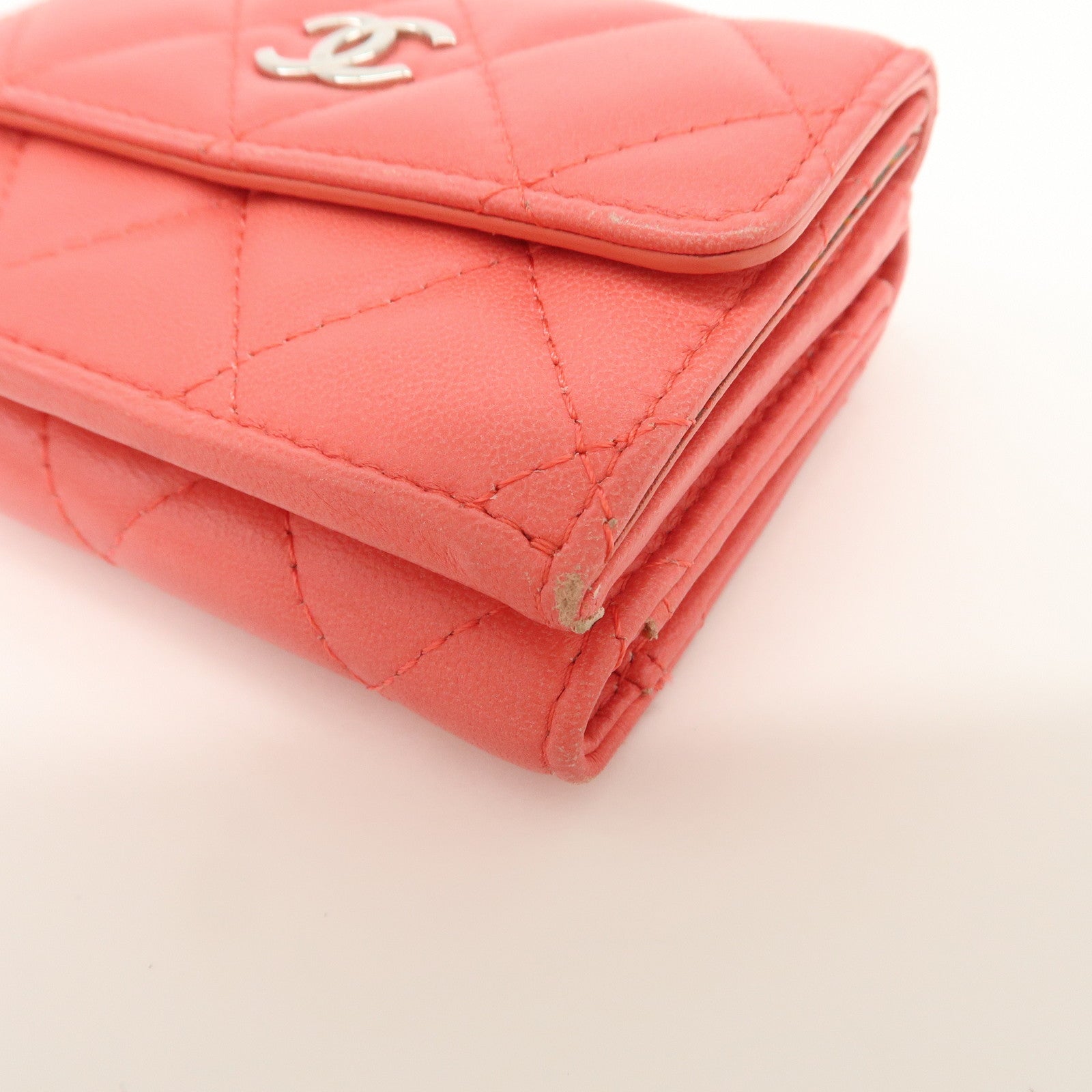 CHANEL Matelasse Lamb Skin Tri-fold Compact Wallet Coral AP0094