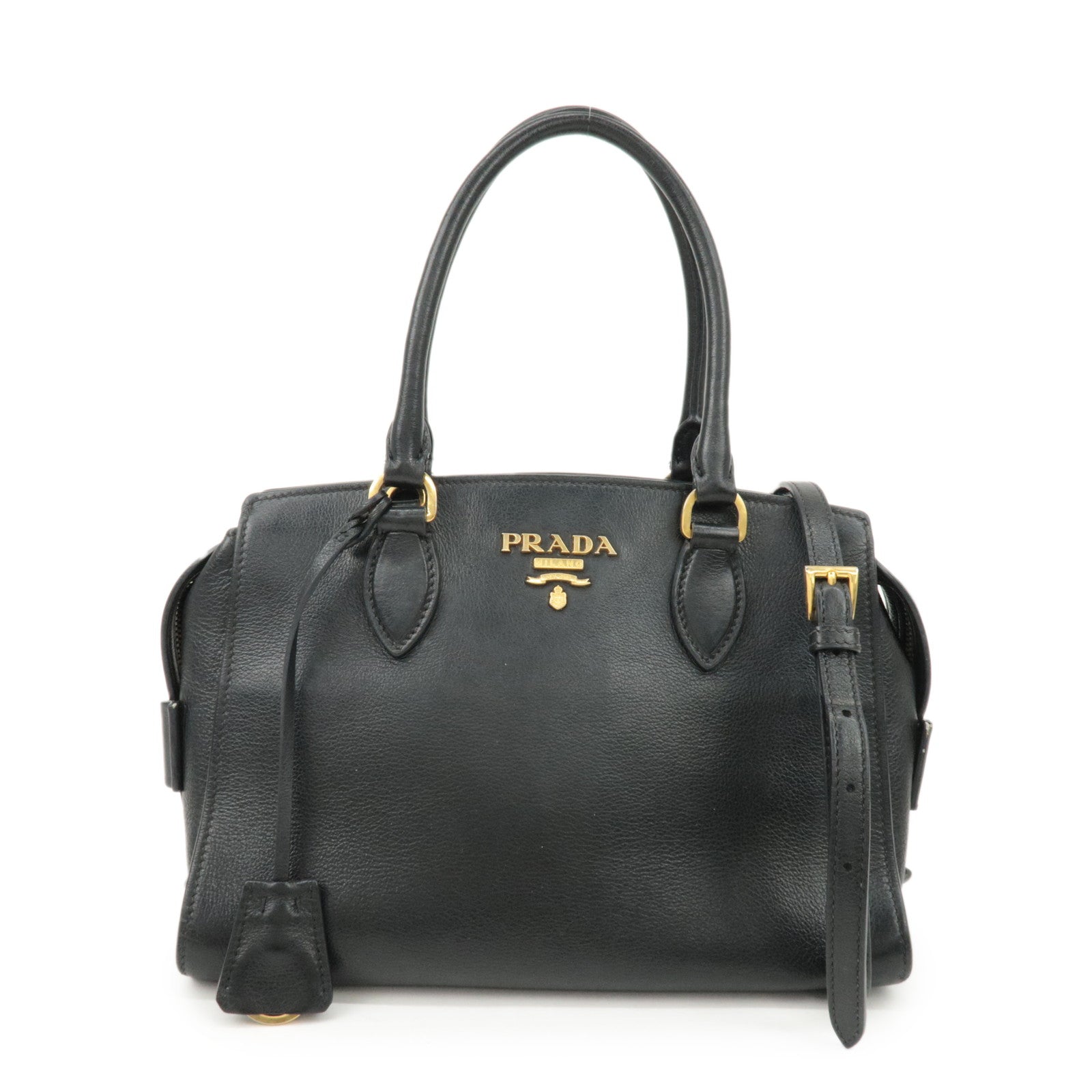 PRADA Leather 2Way Bag Shoulder Hand Bag Black Gold Used