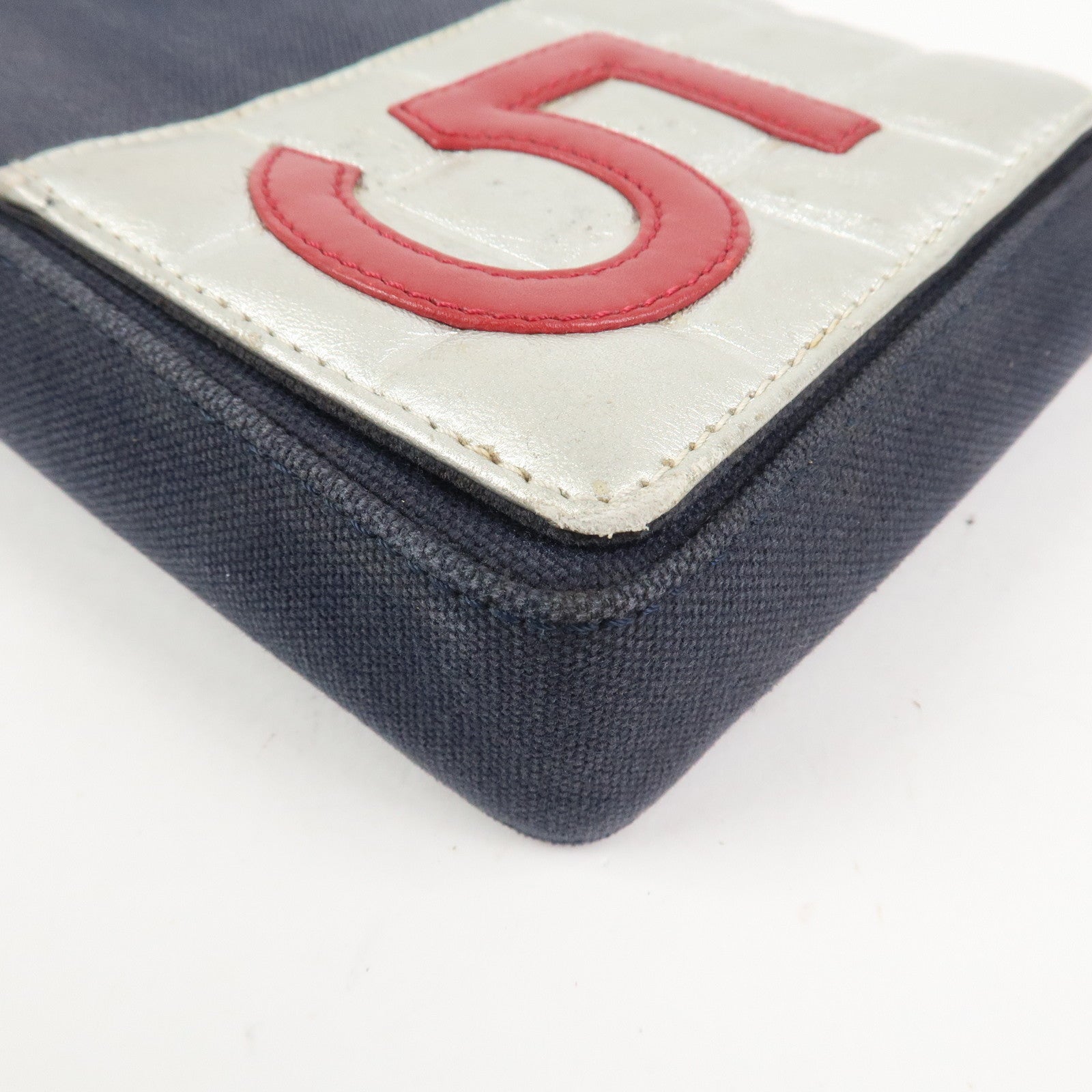 CHANEL No.5 Canvas Leather Chain Shoulder Bag Hand Bag Navy Silver